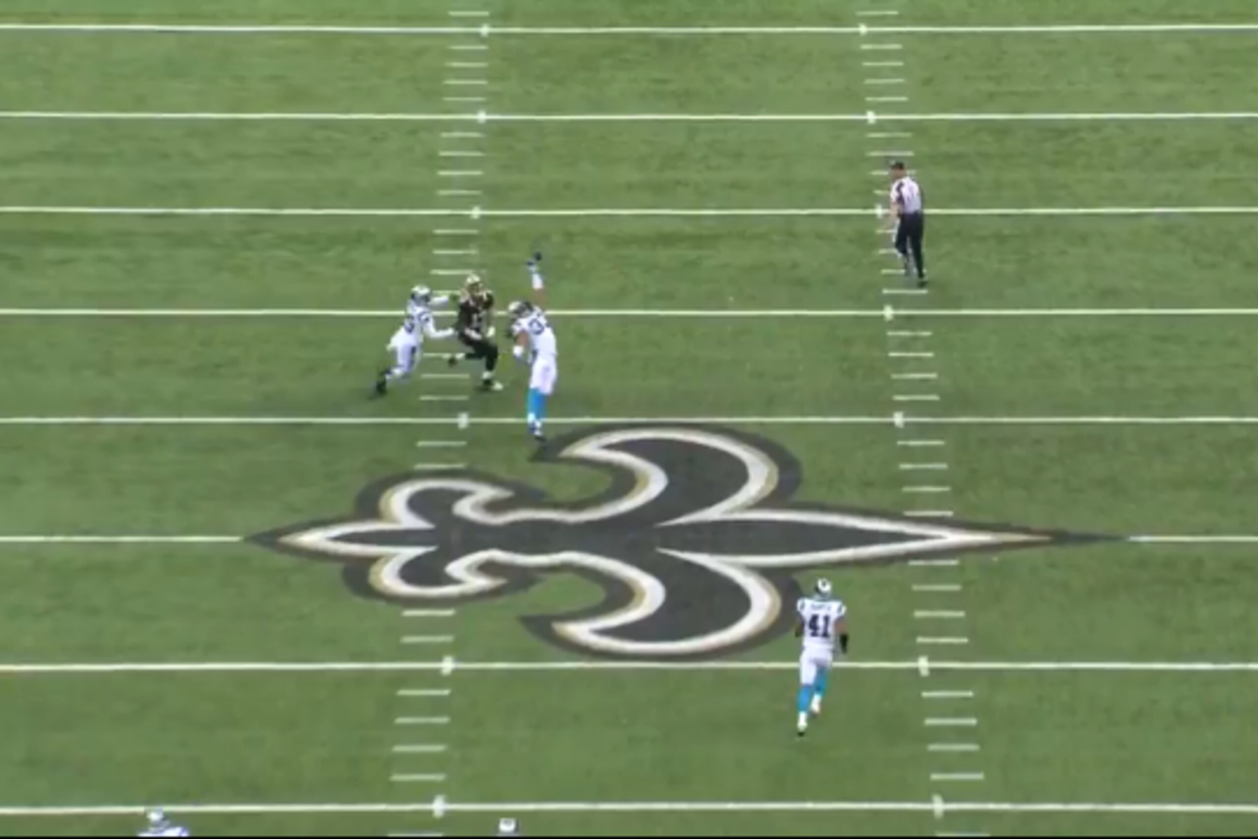Bene Benwikere intercepts Brees' poorly-thrown pass.