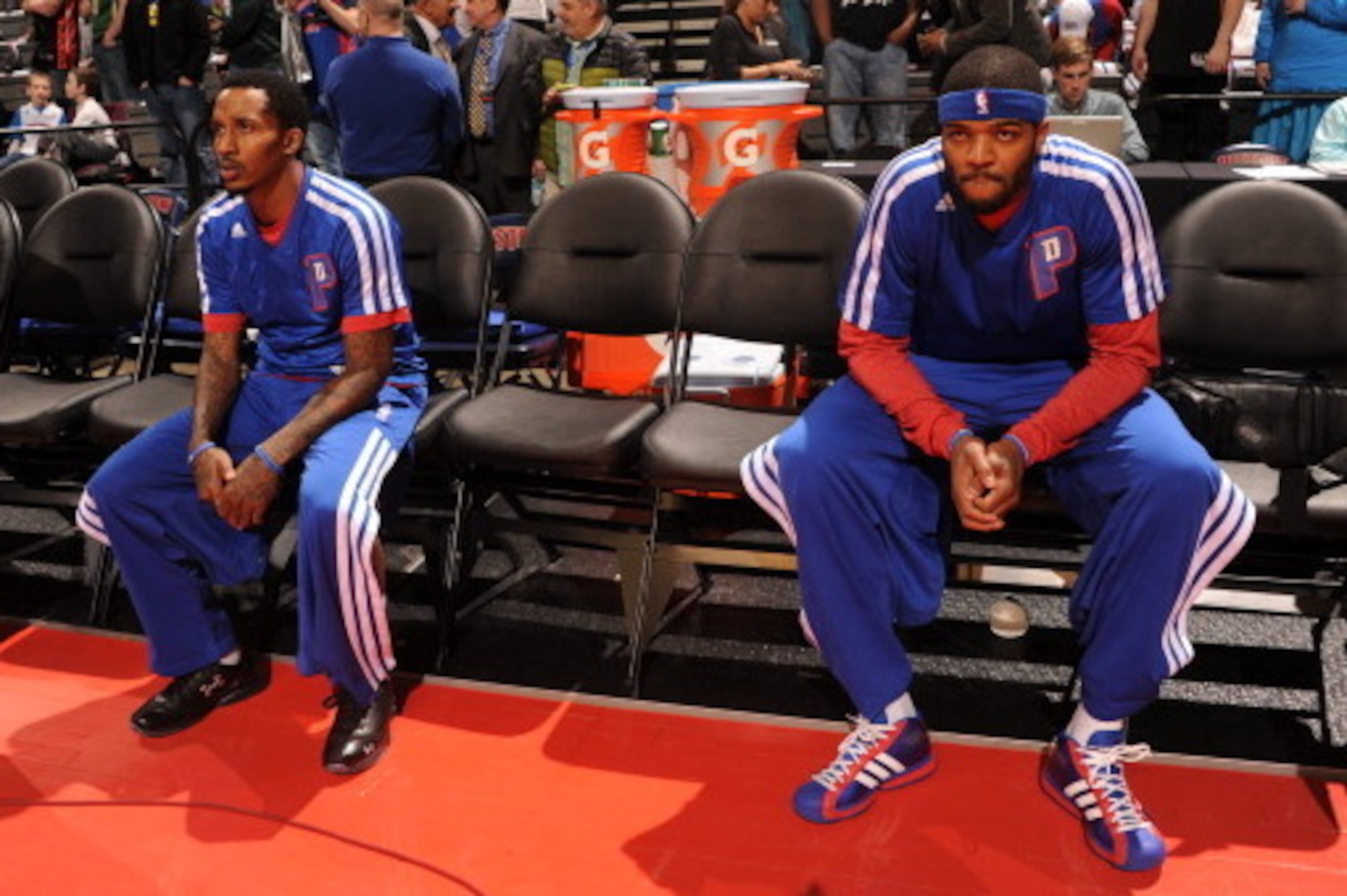 AUBURN HILLS, MI - MARCH 28:  Brandon Jennings #7 and Josh Smith #6 of the Detroit Pistons sit on the bench before the game against the Miami Heat on March 28, 2014 at The Palace of Auburn Hills in Auburn Hills, Michigan. NOTE TO USER: User expressly ackn