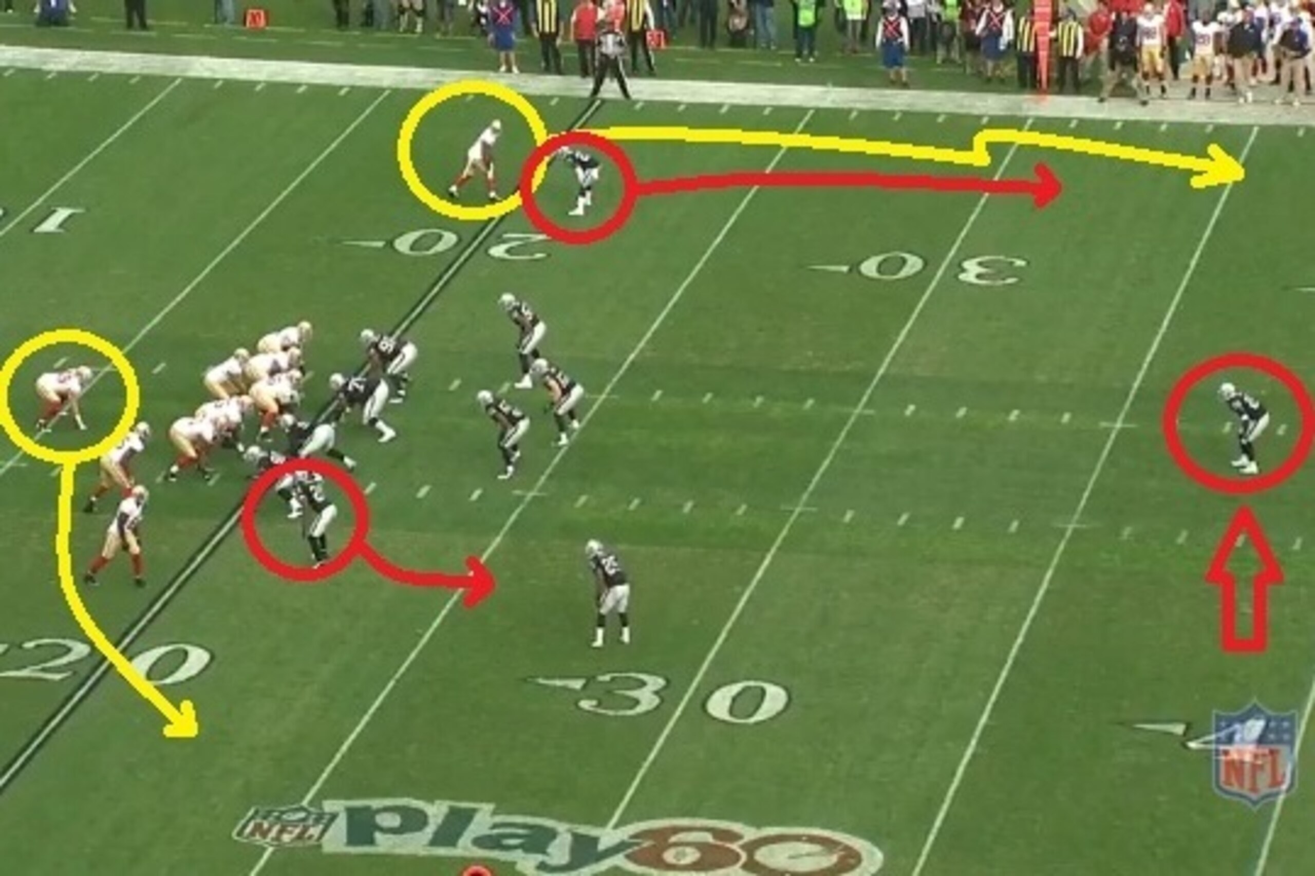 Kaepernick will force a pass to Michael Crabtree (top) while Bruce Miller gets open at the bottom of the screen. Kaepernick will force a pass to Michael Crabtree (top) while Bruce Miller gets open at the bottom of the screen.