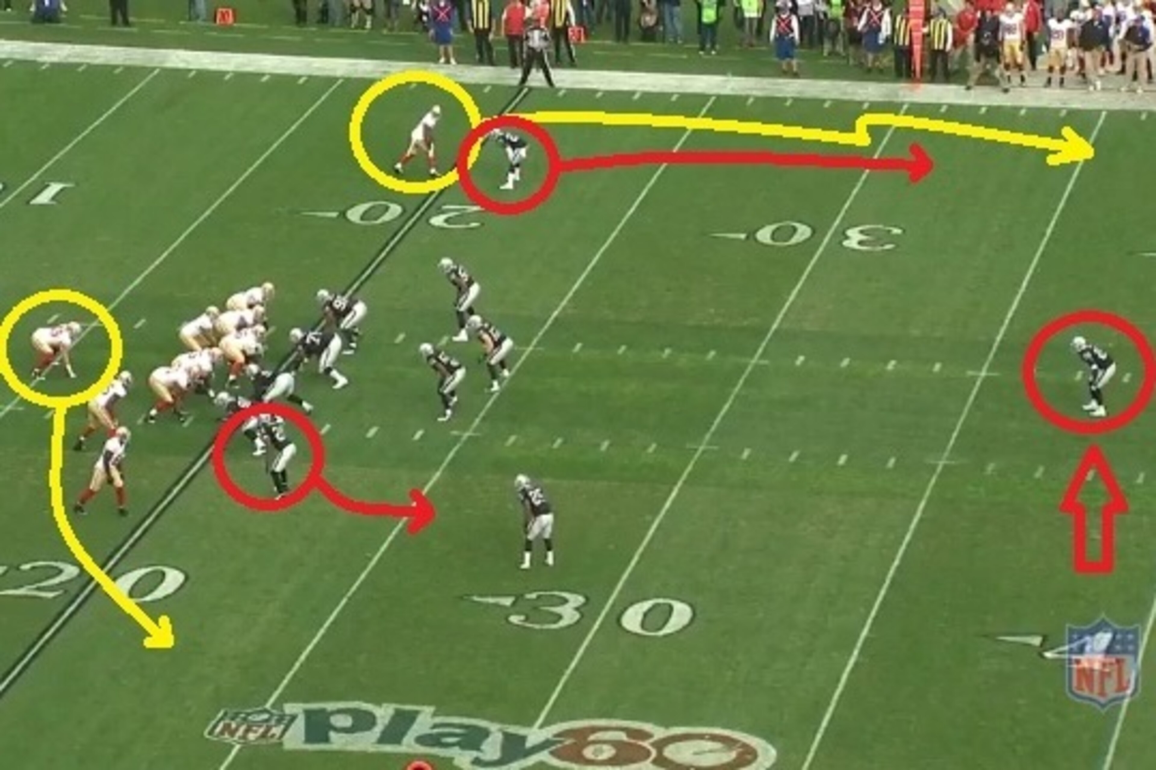 Kaepernick will force a pass to Michael Crabtree (top) while Bruce Miller gets open at the bottom of the screen.