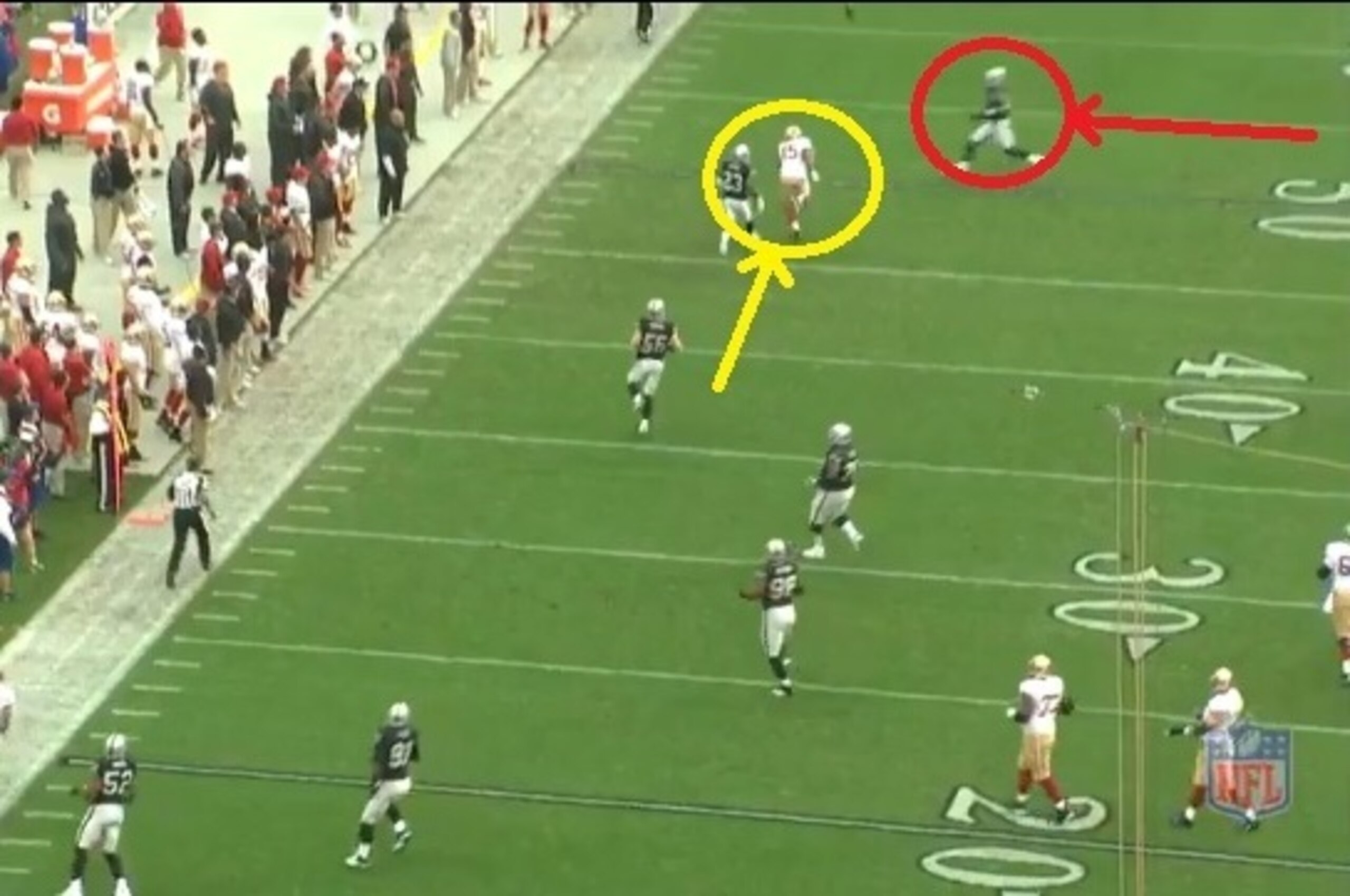 The pass sails over Crabtree's head and right into the grasp of Ross. The pass sails over Crabtree's head and right into the grasp of Ross.