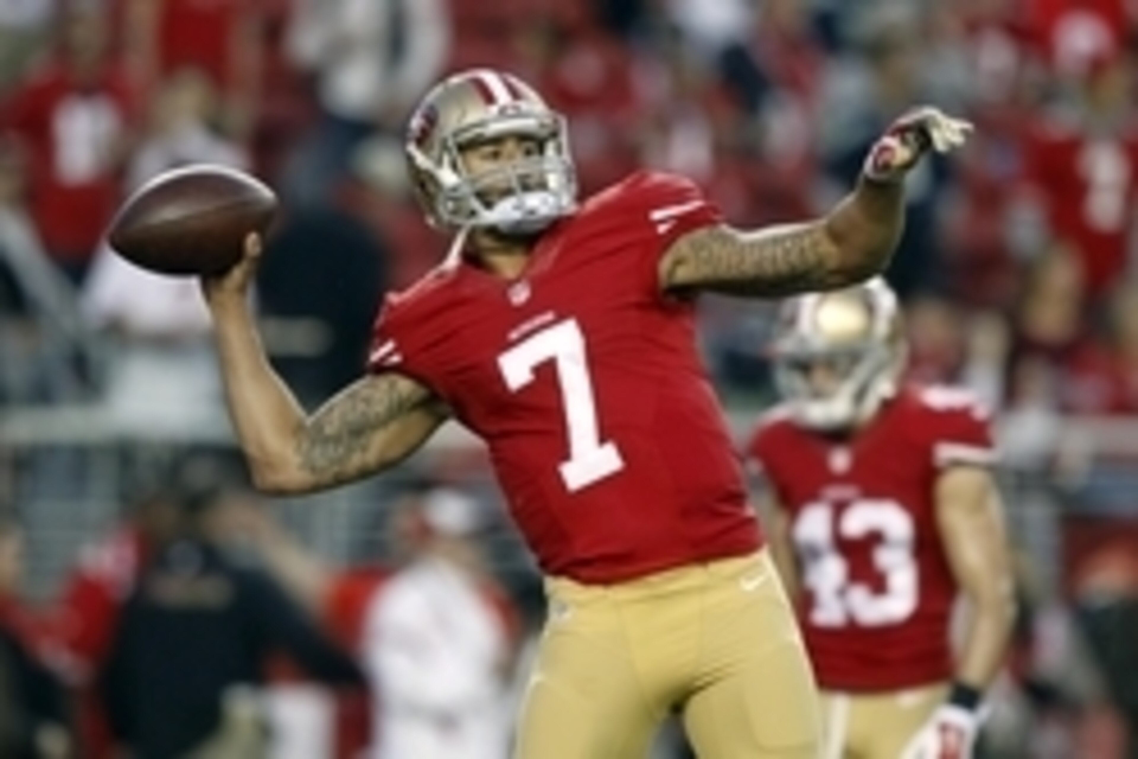 Nov 27, 2014; Santa Clara, CA, USA; San Francisco 49ers quarterback Colin Kaepernick (7) prepares to throw a pass before the start of the game against the Seattle Seahawks at Levi's Stadium. Mandatory Credit: Cary Edmondson-USA TODAY Sports