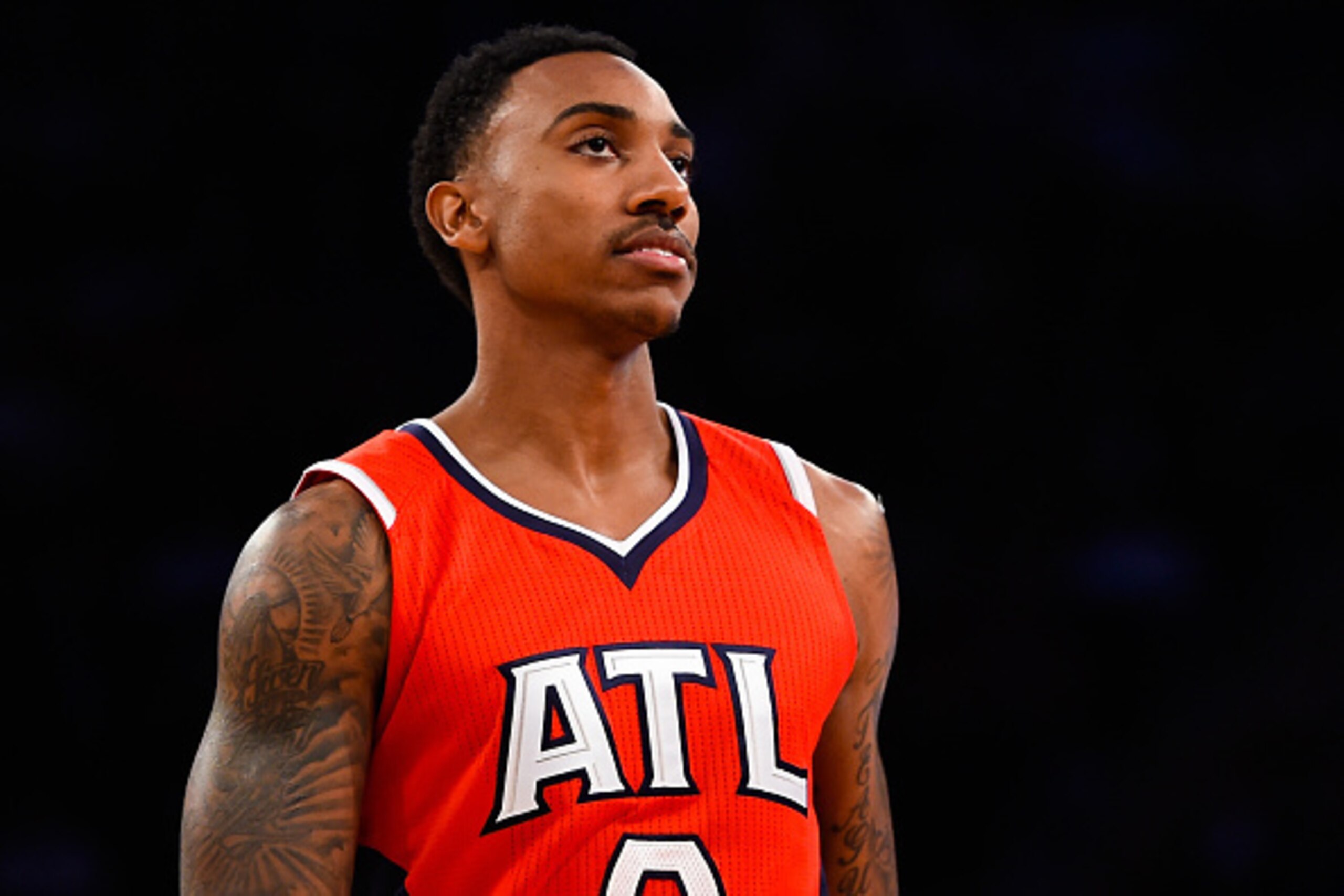 NEW YORK, NY - NOVEMBER 10: Jeff Teague #0 of the Atlanta Hawks looks on during a game against the New York Knicks at Madison Square Garden on November 10, 2014 in New York City. NOTE TO USER: User expressly acknowledges and agrees that, by downloading an