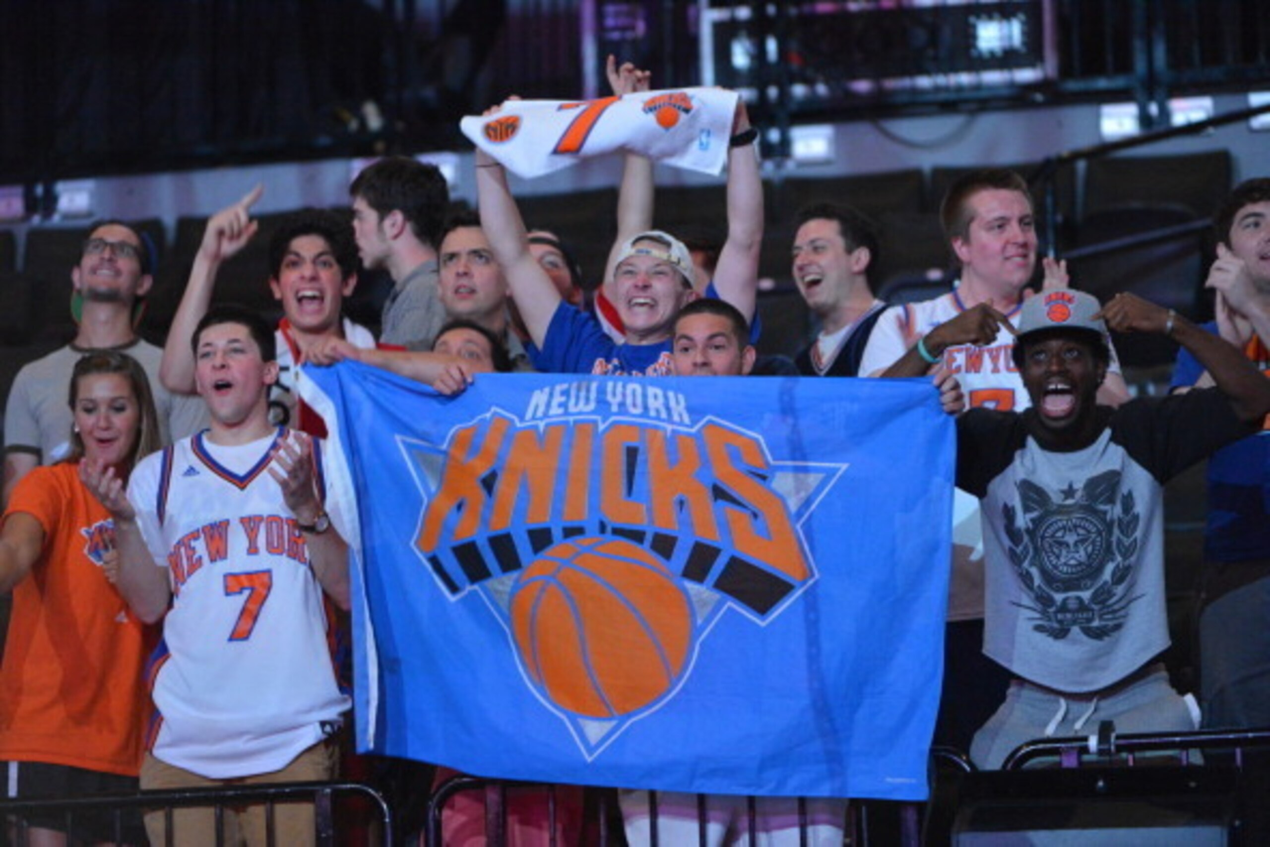 BROOKLYN, NY - JUNE 26: Fans of the New York Knicks react during the 2014 NBA Draft on June 26, 2014 at Barclays Center in Brooklyn, New York. NOTE TO USER: User expressly acknowledges and agrees that, by downloading and or using this photograph, User is 