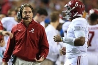 Dec 6, 2014; Atlanta, GA, USA; Alabama Crimson Tide head coach Nick Saban and quarterback Blake Sims (6) during the second quarter of the 2014 SEC Championship Game against the Missouri Tigers at the Georgia Dome. Mandatory Credit: Kevin Liles-USA TODAY S
