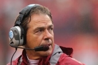 Oct 11, 2014; Fayetteville, AR, USA; Alabama Crimson Tide head coach Nick Saban looks on during the first quarter against the Arkansas Razorbacks at Donald W. Reynolds Razorback Stadium. Mandatory Credit: Nelson Chenault-USA TODAY Sports