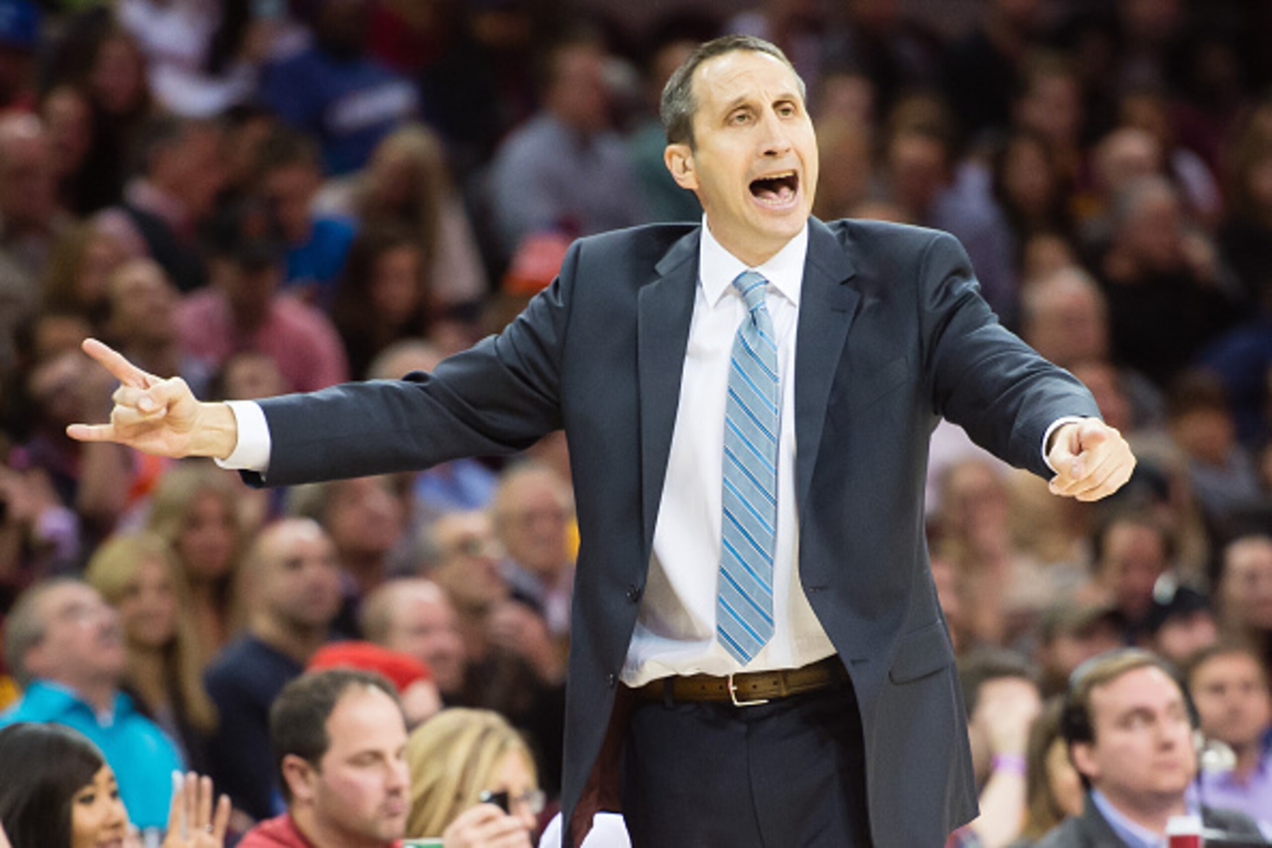 CLEVELAND, OH - NOVEMBER 29: David Blatt of the Cleveland Cavaliers yells to his players during the second half against the Indiana Pacers at Quicken Loans Arena on November 29, 2014 in Cleveland, Ohio. The Cavaliers defeated the Pacers 109-97. NOTE TO US