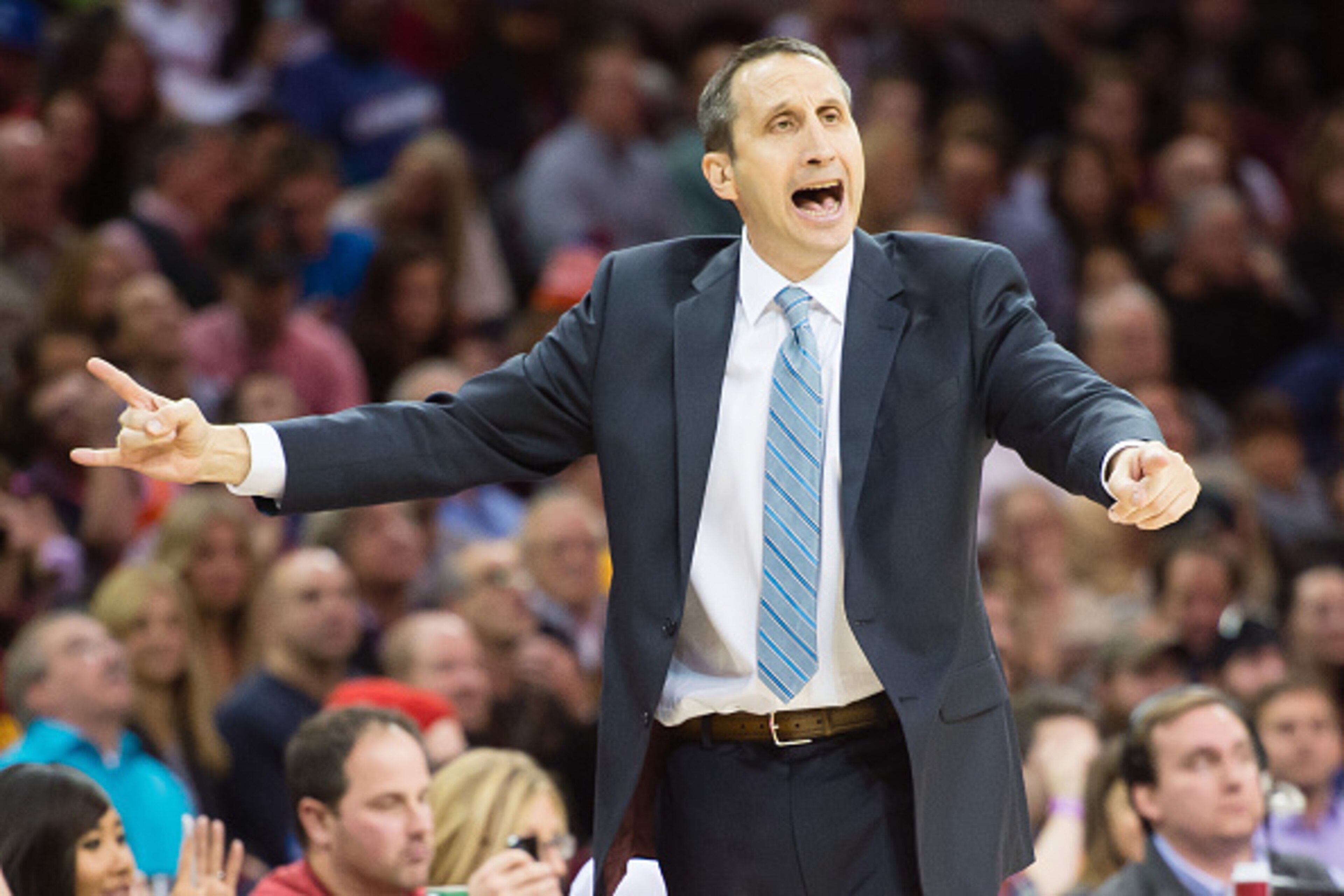 CLEVELAND, OH - NOVEMBER 29: David Blatt of the Cleveland Cavaliers yells to his players during the second half against the Indiana Pacers at Quicken Loans Arena on November 29, 2014 in Cleveland, Ohio. The Cavaliers defeated the Pacers 109-97. NOTE TO US