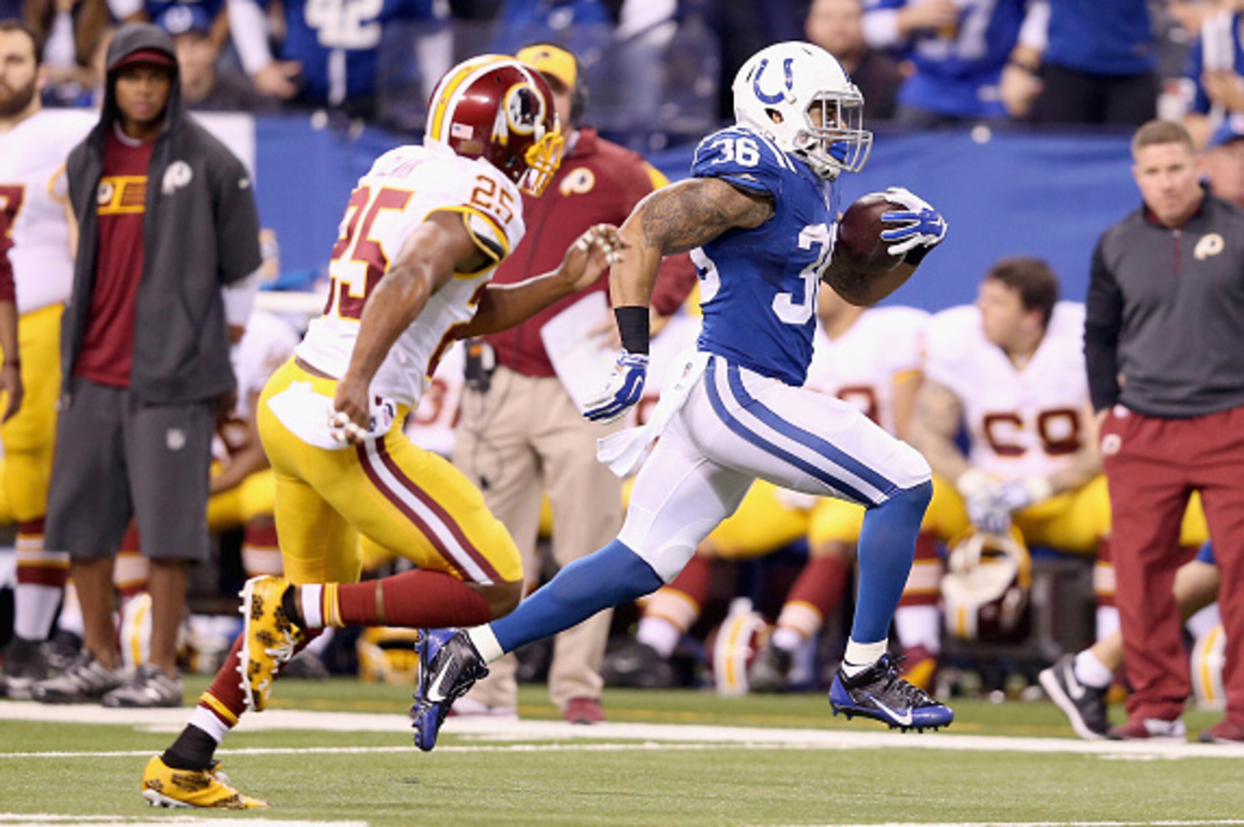 INDIANAPOLIS, IN - NOVEMBER 30:  Daniel Herron #36 of the Indianapolis Colts runs for a touchdown during the game against the Washington Redskins at Lucas Oil Stadium on November 30, 2014 in Indianapolis, Indiana.  (Photo by Andy Lyons/Getty Images)