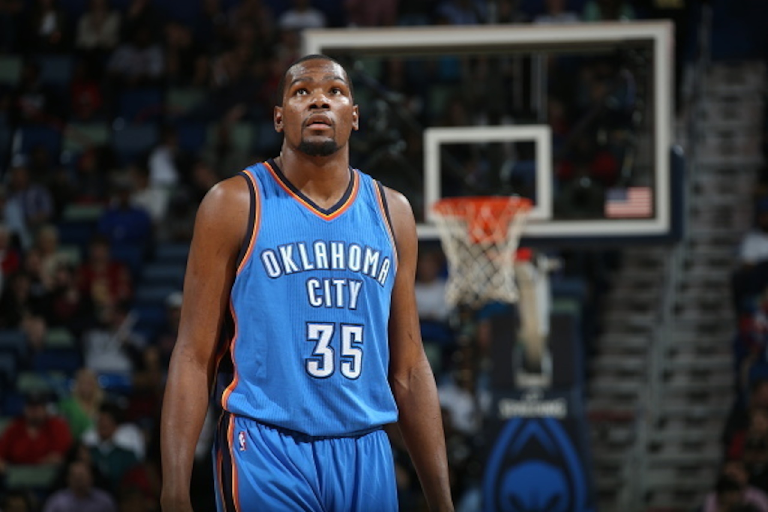 NEW ORLEANS, LA - DECEMBER 2:  Kevin Durant #35 of the Oklahoma City Thunder during the game against the New Orleans Pelicans on December 2, 2014 at the Smoothie King Center in New Orleans, Louisiana. NOTE TO USER: User expressly acknowledges and agrees t