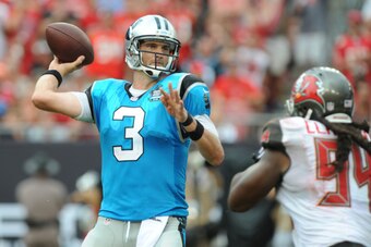 TAMPA, FL - SEPTEMBER 7:  Quarterback Derek Anderson #3 of the Carolina Panthers throws a pass against the Tampa Bay Buccaneers in the third quarter at Raymond James Stadium on September 7, 2014 in Tampa, Florida. (Photo by Cliff McBride/Getty Images)