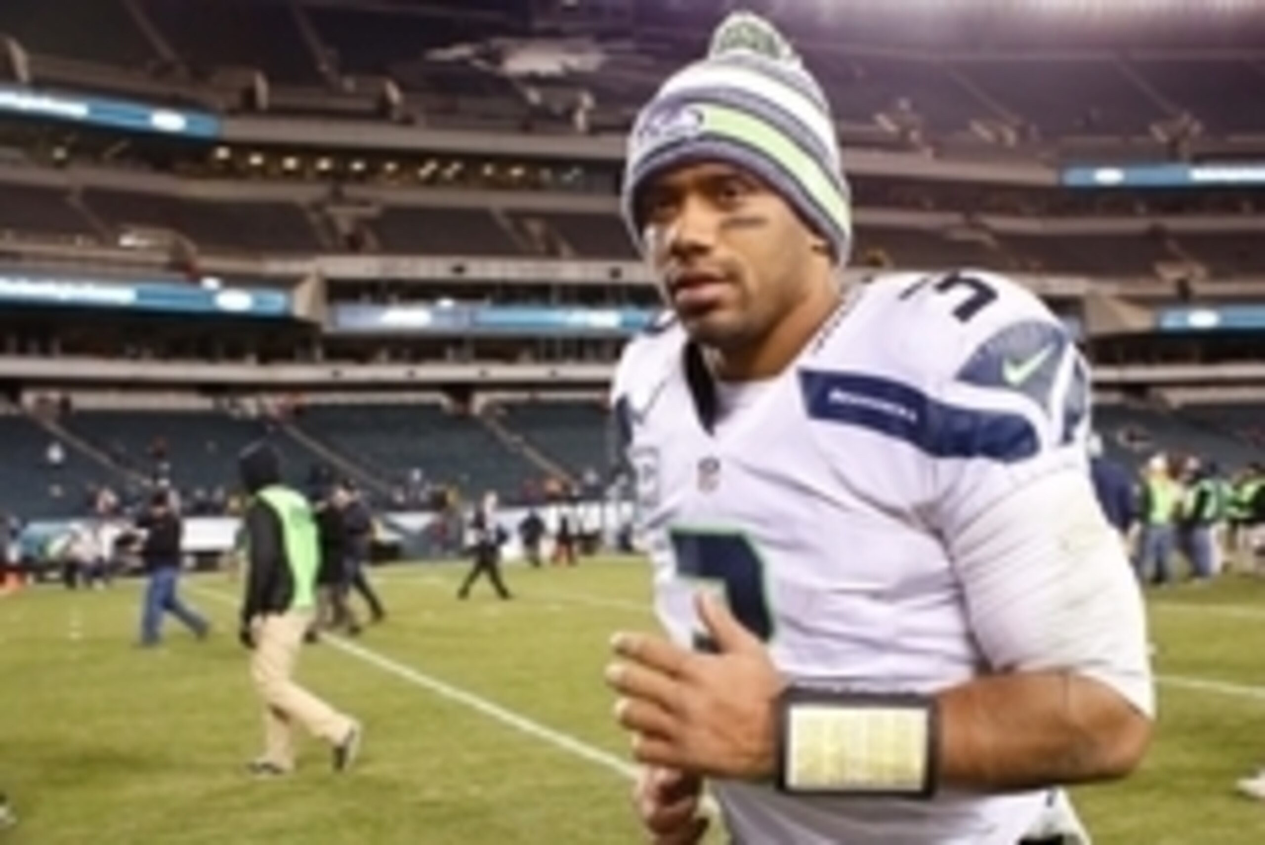 Dec 7, 2014; Philadelphia, PA, USA; Seattle Seahawks quarterback Russell Wilson (3) runs off the field at the conclusion of a game against the Philadelphia Eagles at Lincoln Financial Field. The Seahawks defeated the Eagles 24-14. Mandatory Credit: Bill S