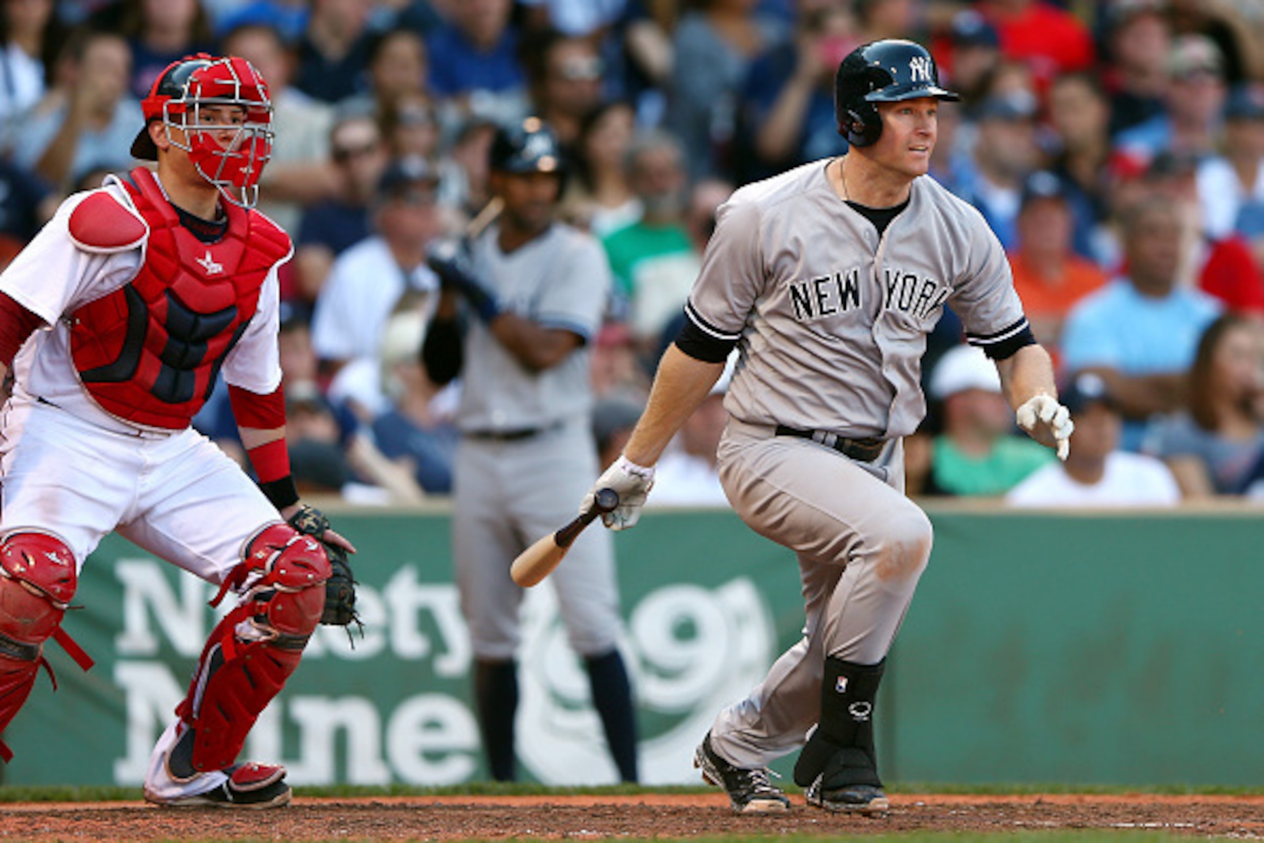 BOSTON, MA - SEPTEMBER 27:  Chase Headley #12 of the New York Yankees bats against the Boston Red Sox  during a game at Fenway Park on September 27, 2014 in Boston, Massachusetts.  (Photo by Elsa/Getty Images)