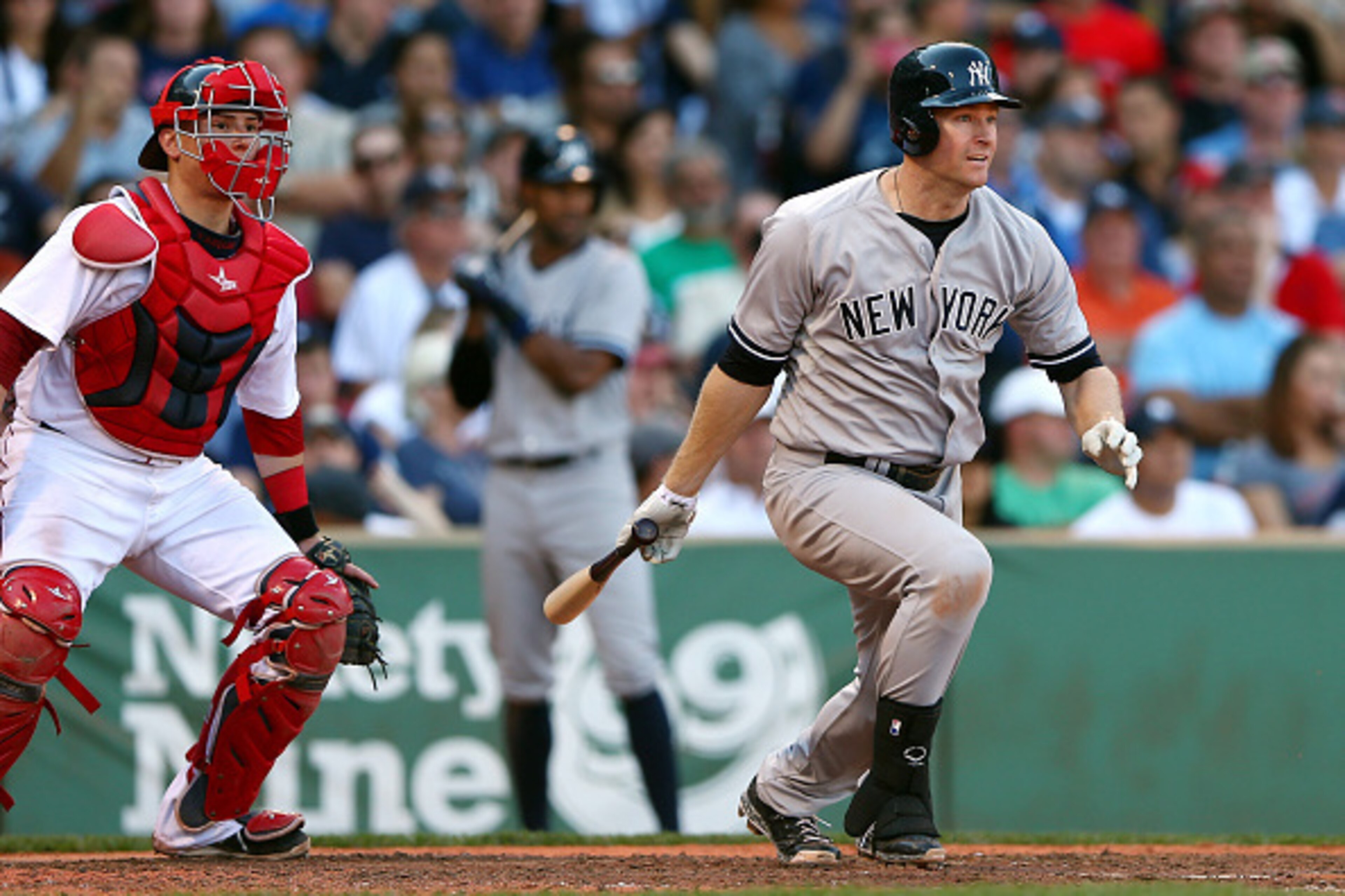 BOSTON, MA - SEPTEMBER 27:  Chase Headley #12 of the New York Yankees bats against the Boston Red Sox  during a game at Fenway Park on September 27, 2014 in Boston, Massachusetts.  (Photo by Elsa/Getty Images)