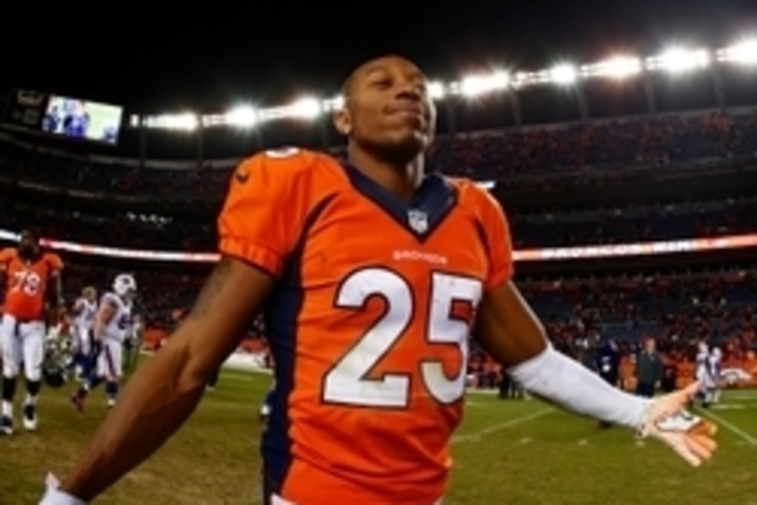 Dec 7, 2014; Denver, CO, USA; Denver Broncos cornerback Chris Harris (25) after the game against the Buffalo Bills at Sports Authority Field at Mile High. The Broncos defeated the Bills 24-17. Mandatory Credit: Isaiah J. Downing-USA TODAY Sports