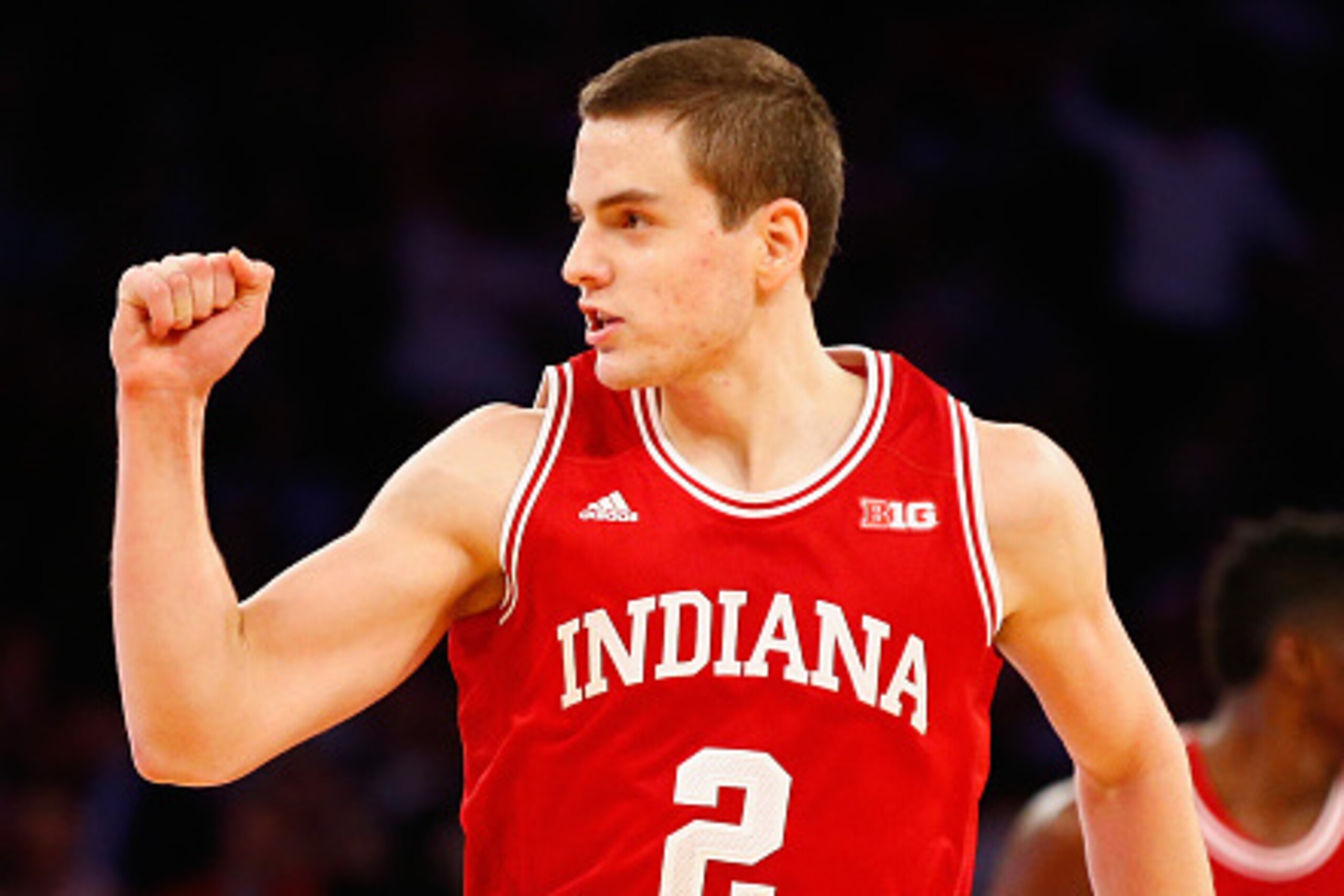 NEW YORK, NY - DECEMBER 09  Nick Zeisloft #2 of the Indiana Hoosiers celebrates a basket during their game against the Louisville Cardinals  at the Jimmy V Classic in Madison Square Garden on December 9, 2014 in New York City.  (Photo by Al Bello/Getty Im