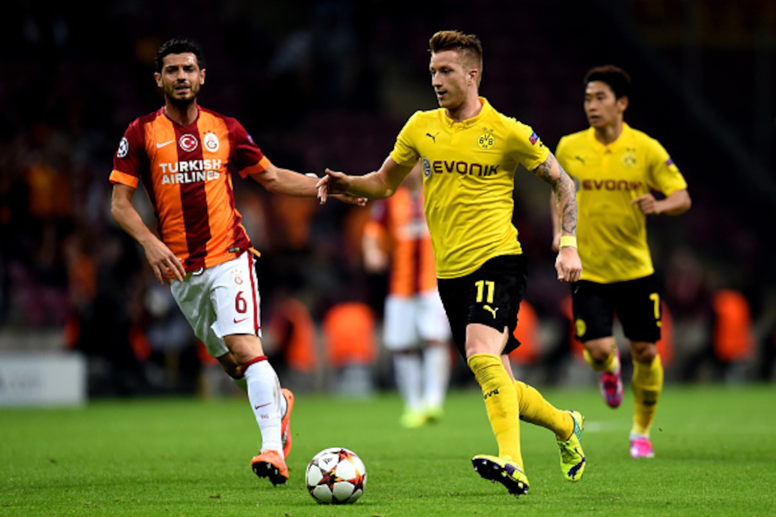 ISTANBUL, TURKEY - OCTOBER 22:  Marco Reus of Borussia Dortmund runs with the ball during UEFA Champions League Group D match between Galatasaray and Borussia Dortmund at Turk Telekom Arena on October 22, 2014 in Istanbul, Turkey.  (Photo by Lars Baron/Ge