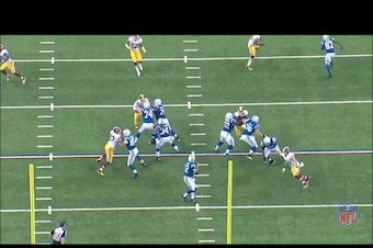 Kerrigan's hands technique shrugged off his blocker and got him into the backfield.