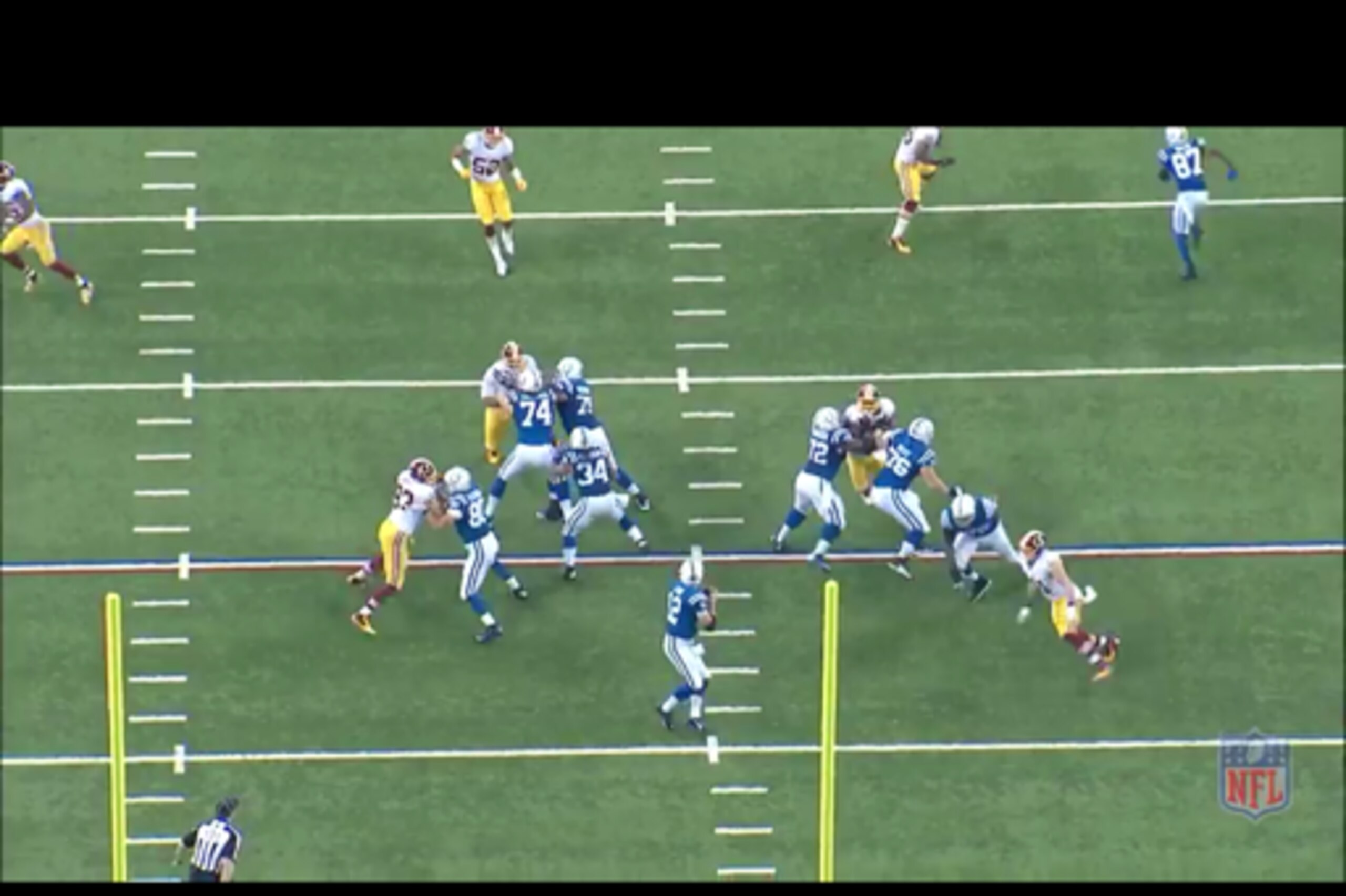 Kerrigan's hands technique shrugged off his blocker and got him into the backfield.