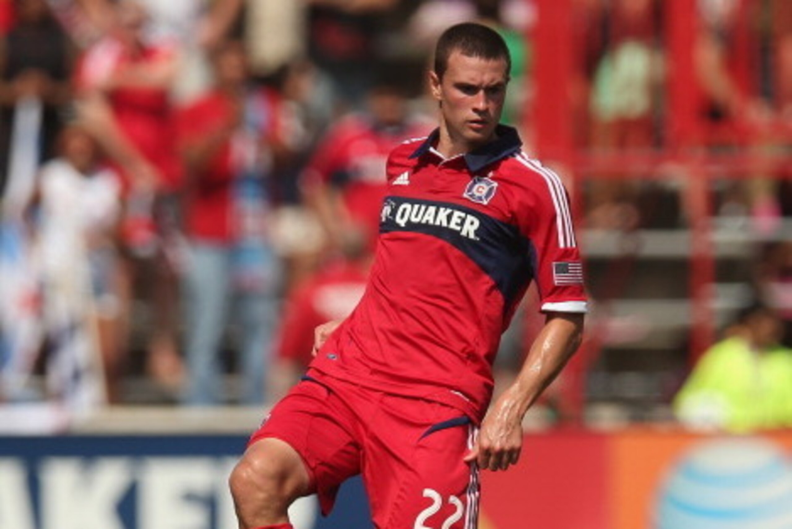 BRIDGEVIEW, IL - SEPTEMBER 01:  Austin Berry #22  of the Chicago Fire looks to pass against the Houston Dynamo during an MLS match at Toyota Park on September 1, 2013 in Bridgeview, Illinois. The Fire and the Dynamo tied 1-1.  (Photo by Jonathan Daniel/Ge