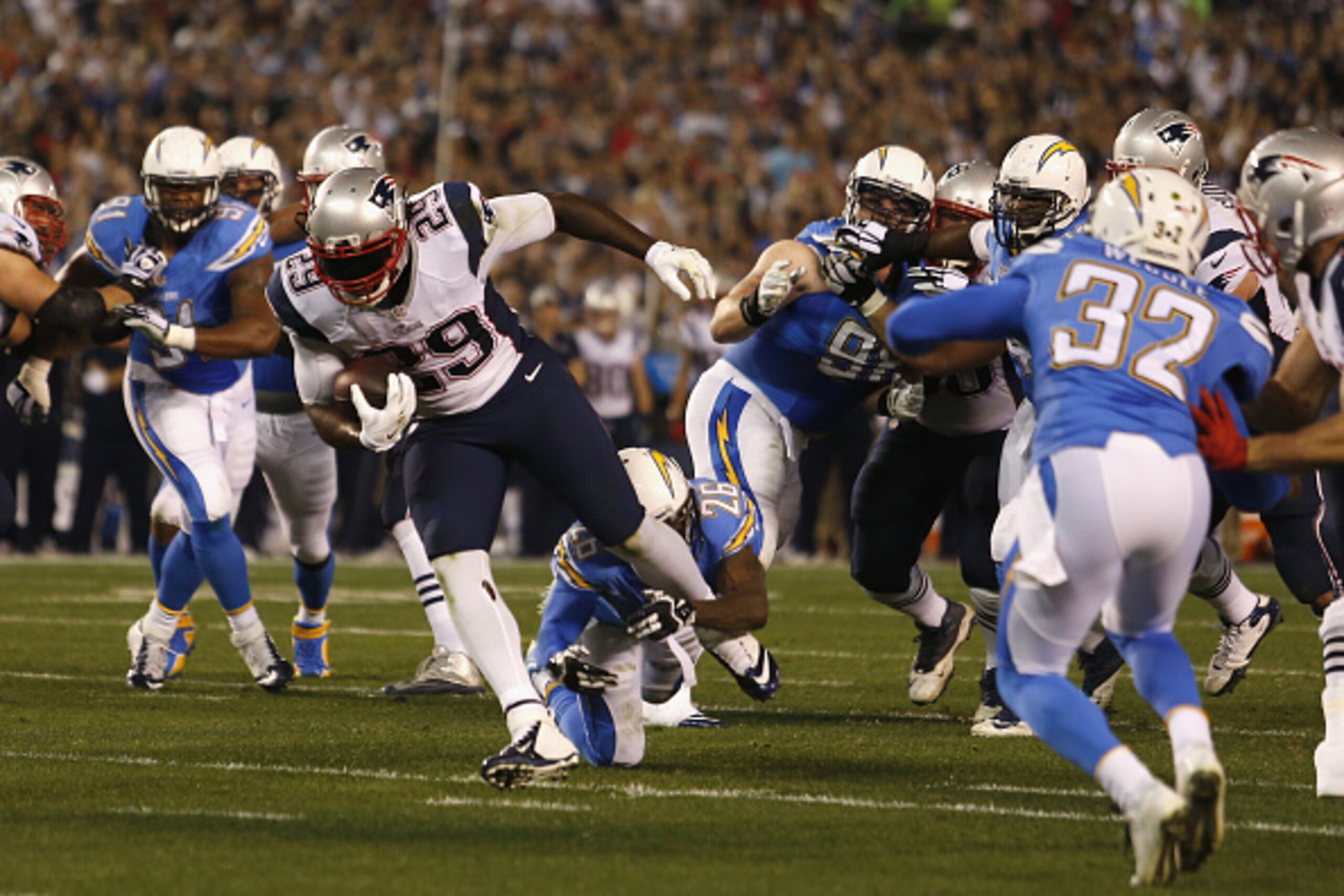 SAN DIEGO, CA - DECEMBER 07:  Running back LeGarrette Blount #29 of the New England Patriots runs against the San Diego Charger defense at Qualcomm Stadium on December 7, 2014 in San Diego, California.  (Photo by Todd Warshaw/Getty Images)