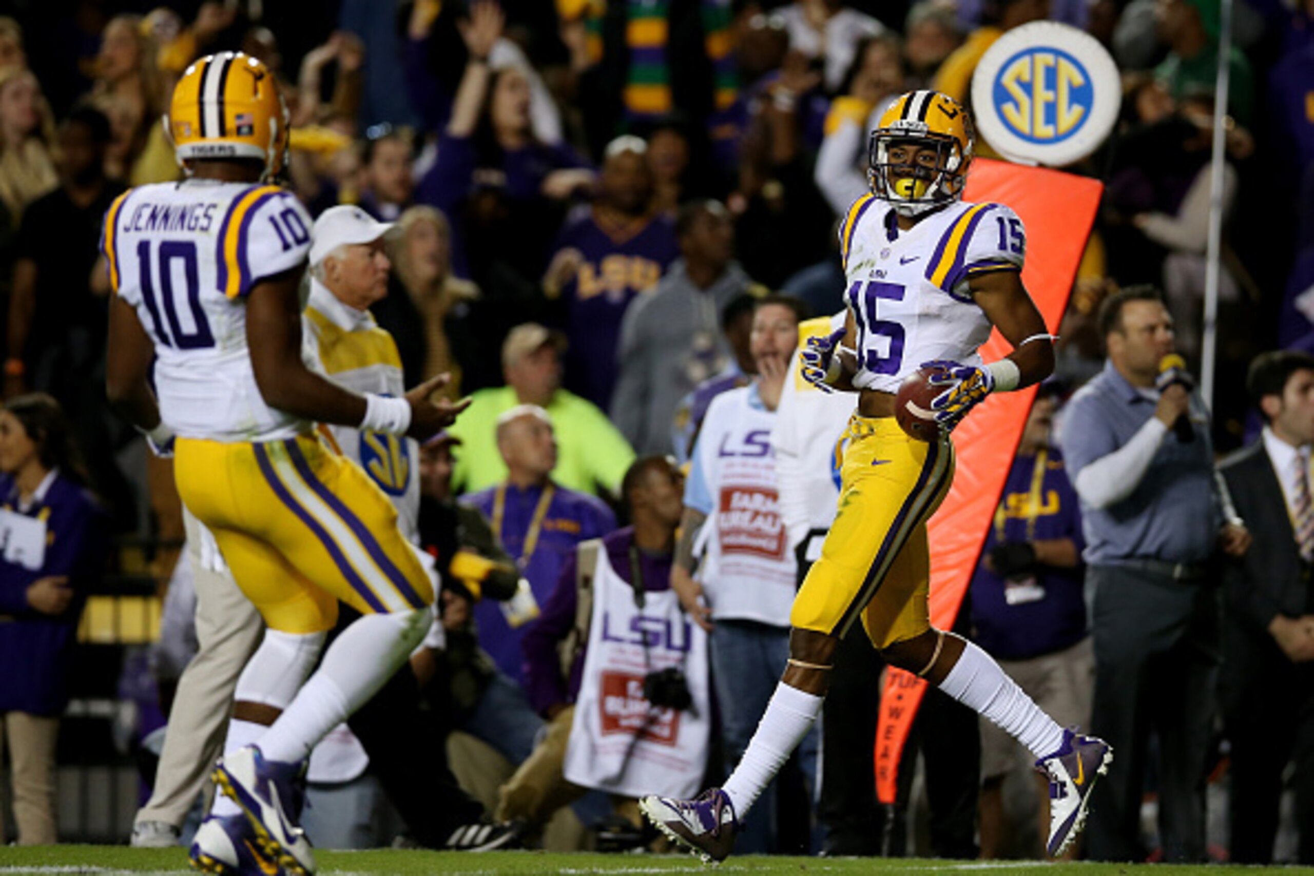 BATON ROUGE, LA - NOVEMBER 08: Anthony Jennings #10 and Malachi Dupre #15 of the LSU Tigers celebrate a first quarter touchdown against the Alabama Crimson Tide during a game at Tiger Stadium on November 8, 2014 in Baton Rouge, Louisiana.  (Photo by Chris