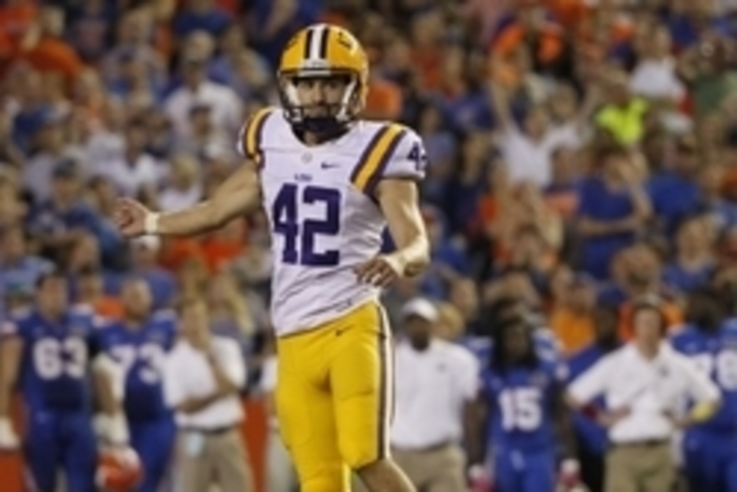 Oct 11, 2014; Gainesville, FL, USA; LSU Tigers place kicker Colby Delahoussaye (42) reacts after he kicked the game winning field goal during the fourth quarter against the Florida Gators at Ben Hill Griffin Stadium. LSU Tigers defeated the Florida Gators