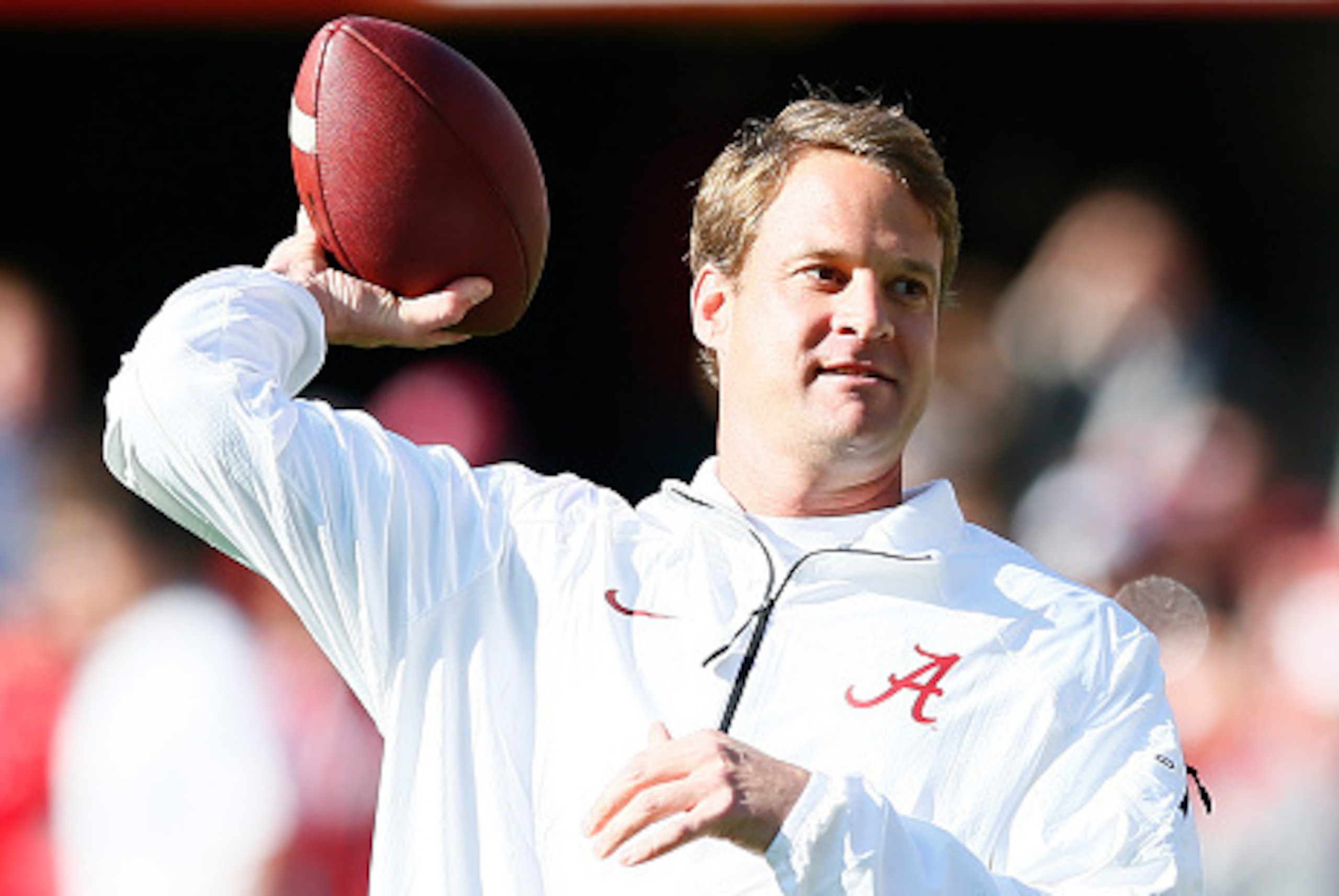 TUSCALOOSA, AL - NOVEMBER 15:  Offensive Coordinator Lane Kiffin of the Alabama Crimson Tide works out during pregame warmups prior to facing the Mississippi State Bulldogs at Bryant-Denny Stadium on November 15, 2014 in Tuscaloosa, Alabama.  (Photo by Ke