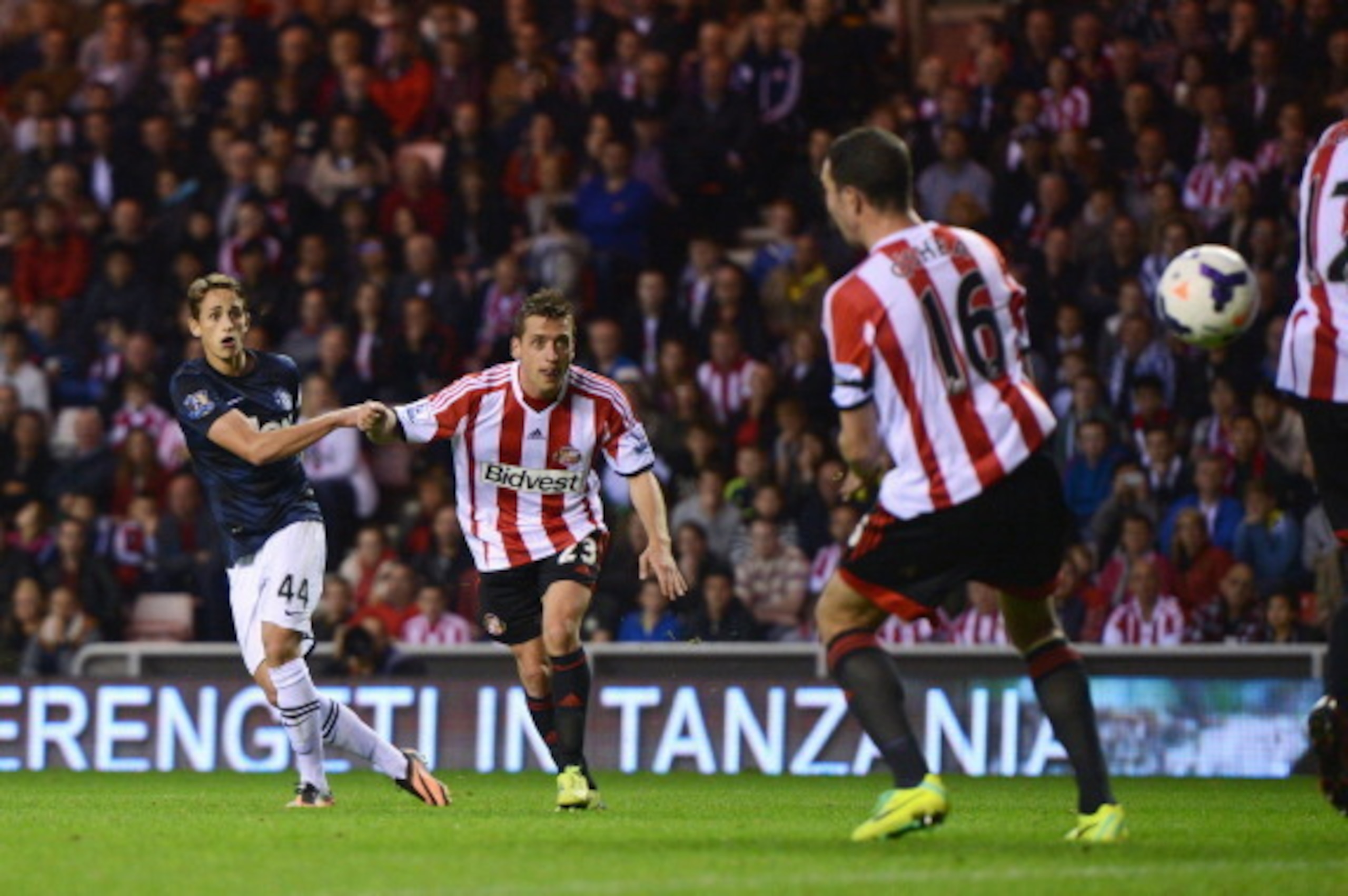 SUNDERLAND, ENGLAND - OCTOBER 05: Adnan Januzaj of Manchester United scores his team's second goal during the Barclays Premier League match between Sunderland and Manchester United at the Stadium of Light on October 5, 2013 in Sunderland, England.  (Photo