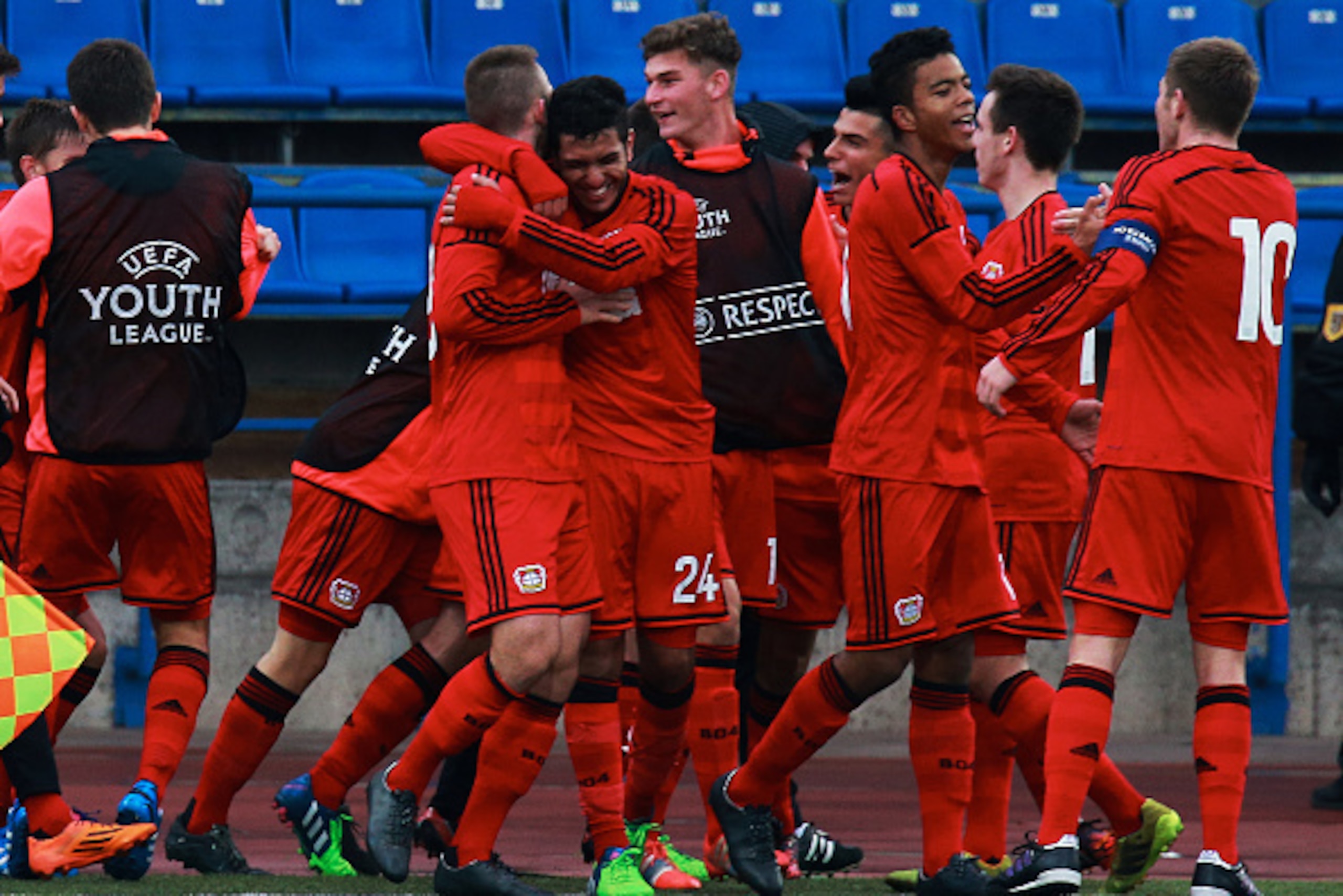 ST. PETRSBURG, RUSSIA - NOVEMBER 04: Players of FC Leverkusen celebrate a goal during the UEFA Youth League Group C match between FC Zenit St. Petersburg and FC Leverkusen at the Petrovski Stadium on November 4, 2014 in St. Petersburg, Russia. (Photo by O