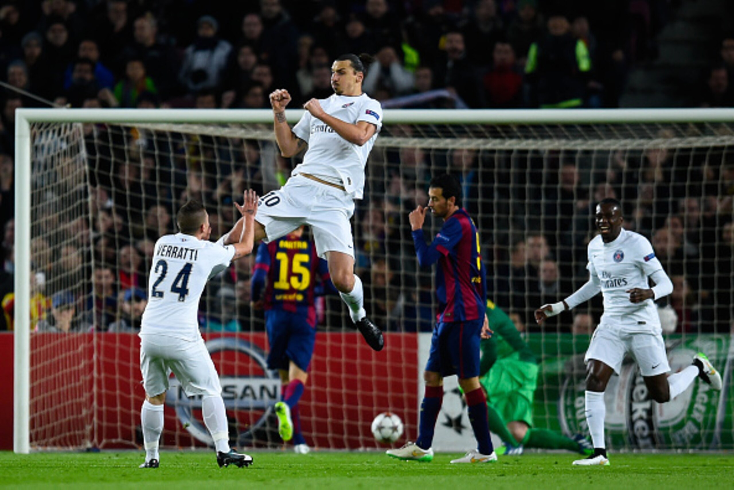 BARCELONA, SPAIN - DECEMBER 10:  Zlatan Ibraimovic of Paris Saint-Germain FC celebrates after scoring the opening goal during the UEFA Champions League group F match between FC Barcelona and Paris Saint-Germanin FC at Camp Nou Stadium on December 10, 2014