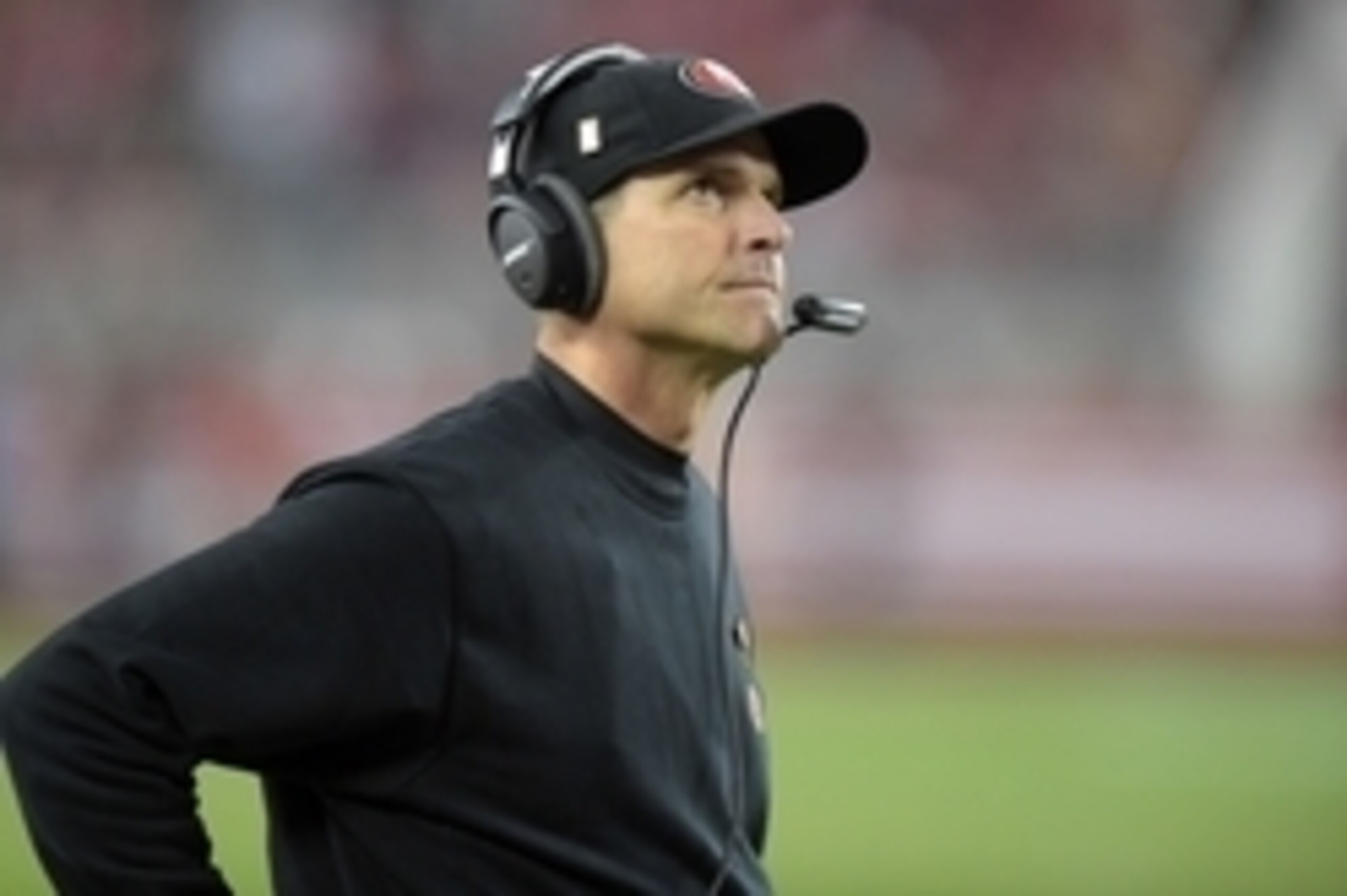 Nov 27, 2014; Santa Clara, CA, USA; San Francisco 49ers coach Jim Harbaugh reacts against the Seattle Seahawks in the Thanksgiving game at Levi's Stadium. Mandatory Credit: Kirby Lee-USA TODAY Sports