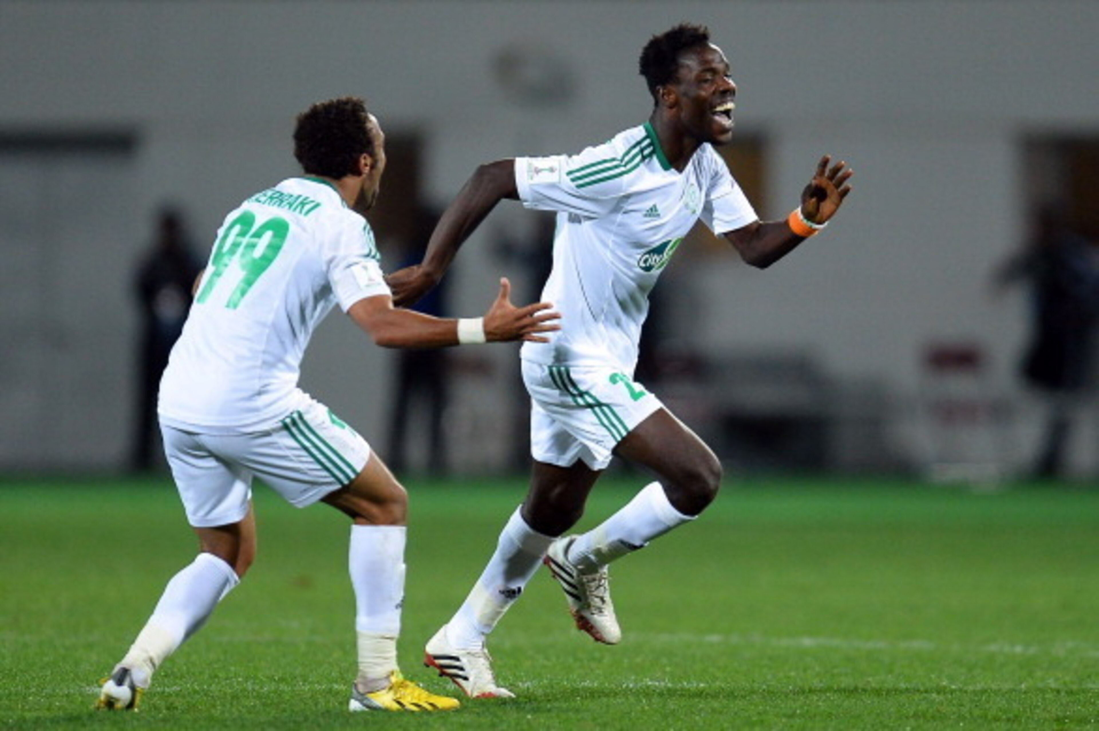 AGADIR, MOROCCO - DECEMBER 14:  Kouko Guehi of Casablanca, who scored the winning goal, celebrates after the FIFA Club World Cup Quarterfinal match between Raja Casablanca and CF Monterrey at Agadir Stadium on December 14, 2013 in Agadir, Morocco.  (Photo