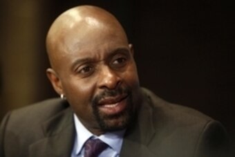 Jan 31, 2013; New Orleans, LA, USA; Jerry Rice during the ESPN analysts press conference at the New Orleans Convention Center in preparation for Super Bowl XLVI to be played between the San Francisco 49ers and the Baltimore Ravens.  Mandatory Credit: Jerr