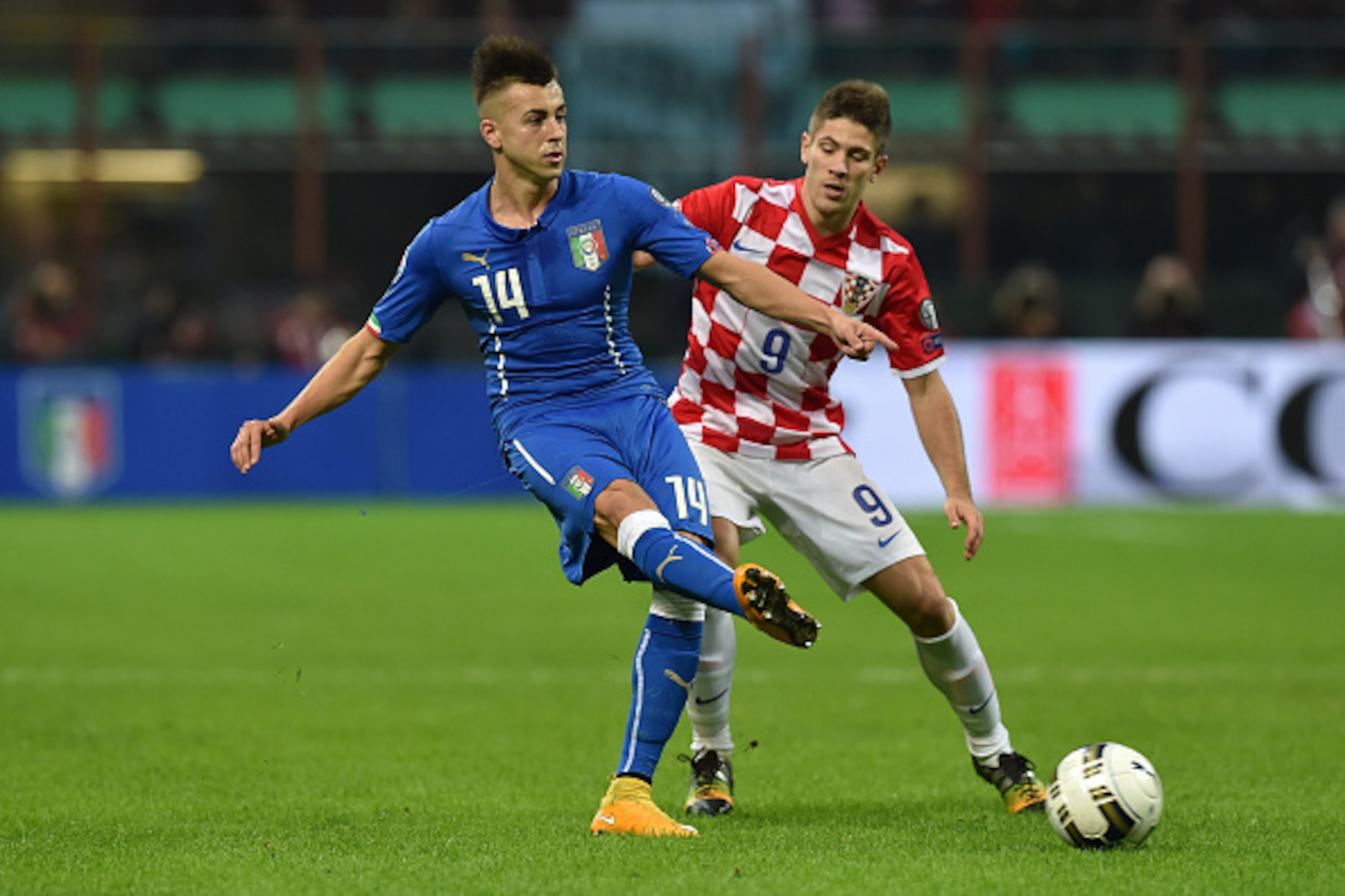MILAN, ITALY - NOVEMBER 16: Stephan El Shaarawy (L) of Italy in action against Andrej Kramaric of Croatia during the EURO 2016 Group H Qualifier match between Italy and Croatia at Stadio Giuseppe Meazza on November 16, 2014 in Milan, Italy. (Photo by V MILAN, ITALY - NOVEMBER 16: Stephan El Shaarawy (L) of Italy in action against Andrej Kramaric of Croatia during the EURO 2016 Group H Qualifier match between Italy and Croatia at Stadio Giuseppe Meazza on November 16, 2014 in Milan, Italy. (Photo by V