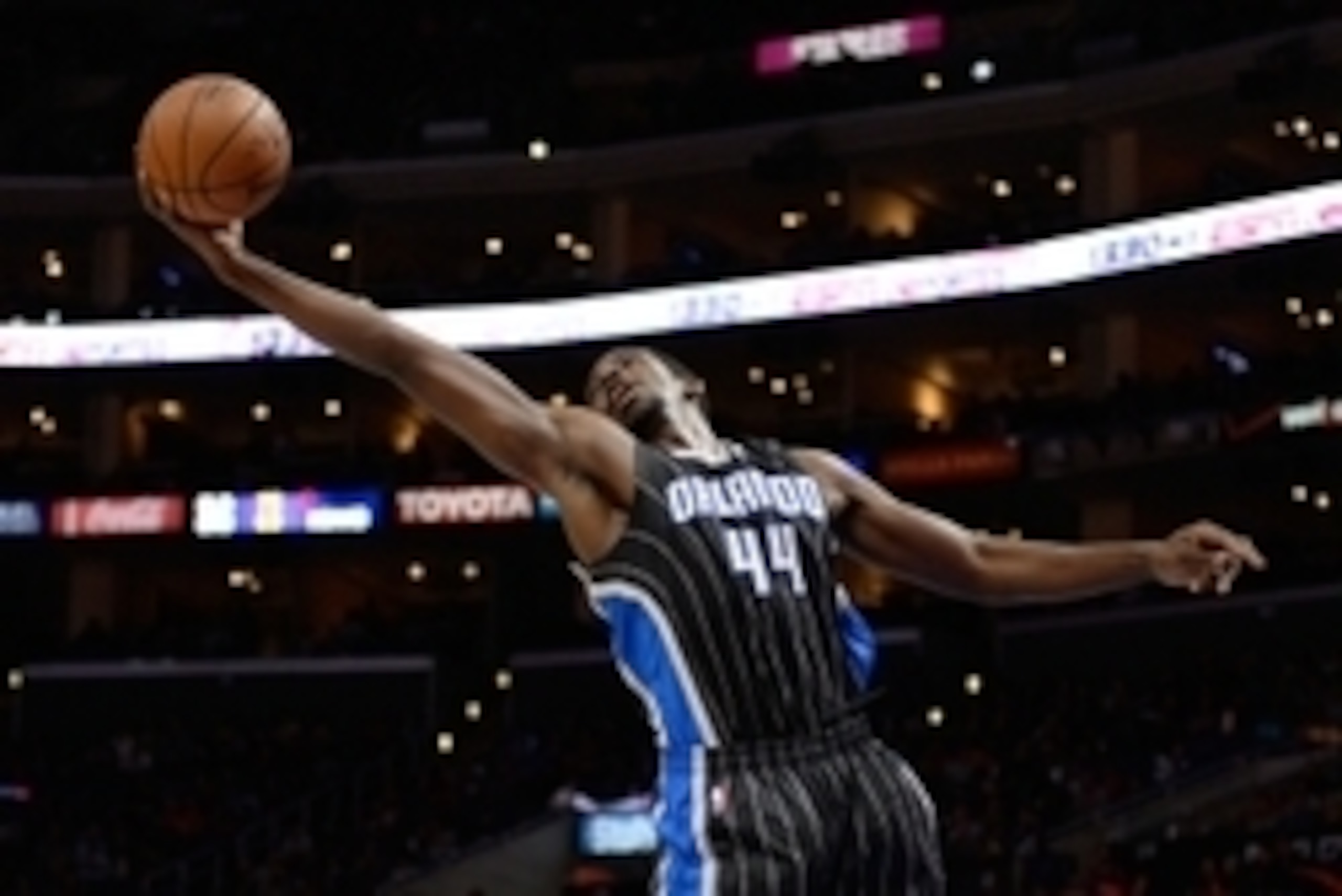 Dec 3, 2014; Los Angeles, CA, USA; Orlando Magic forward Andrew Nicholson (44) rebounds the ball against the Los Angeles Clippers during the second half at Staples Center. Mandatory Credit: Richard Mackson-USA TODAY Sports