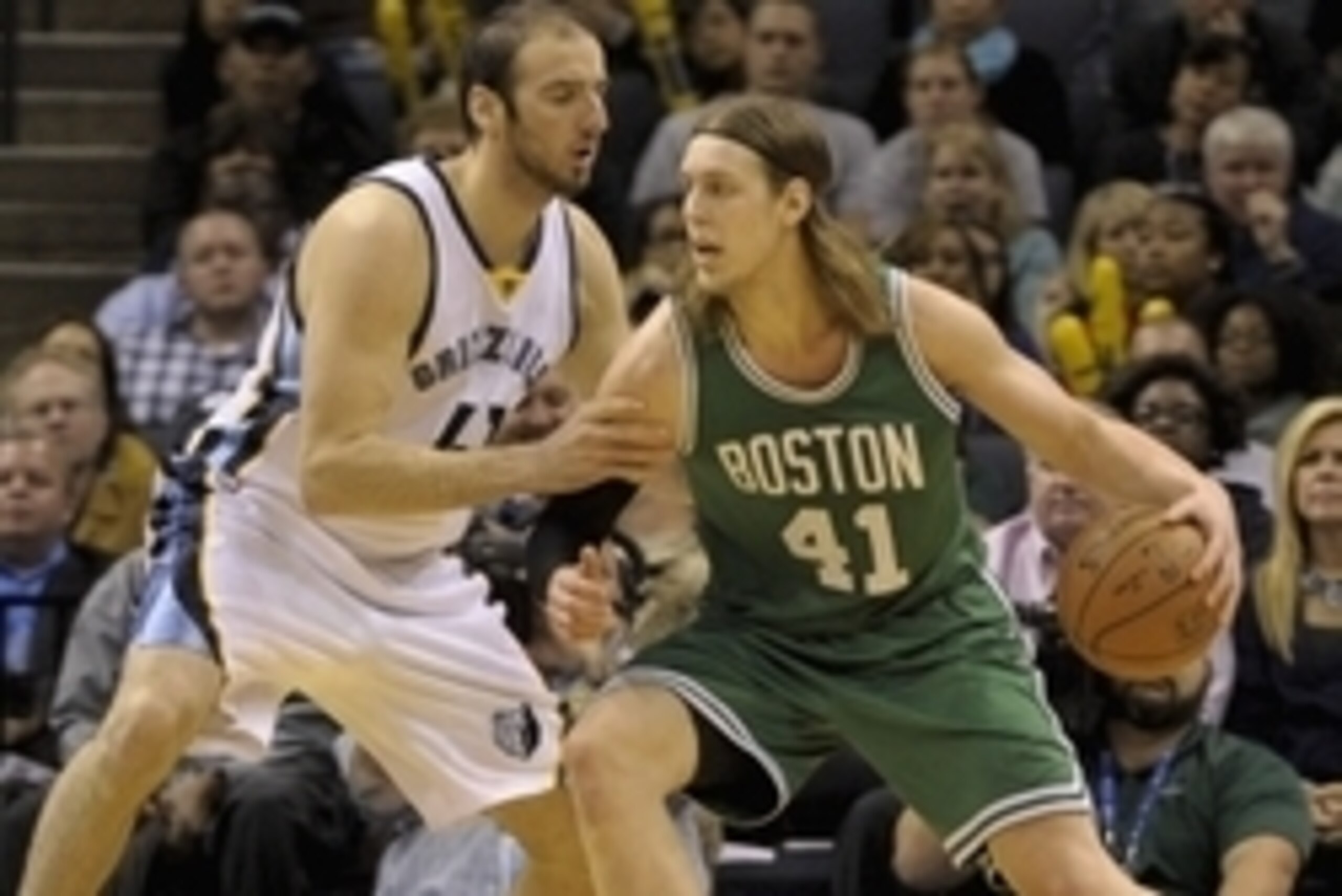 Nov 21, 2014; Memphis, TN, USA; Boston Celtics center Kelly Olynyk (41) posts up against Memphis Grizzlies center Kosta Koufos (41) during the game at FedExForum. Memphis Grizzlies beat Boston Celtics 117 - 100. Mandatory Credit: Justin Ford-USA TODAY Spo