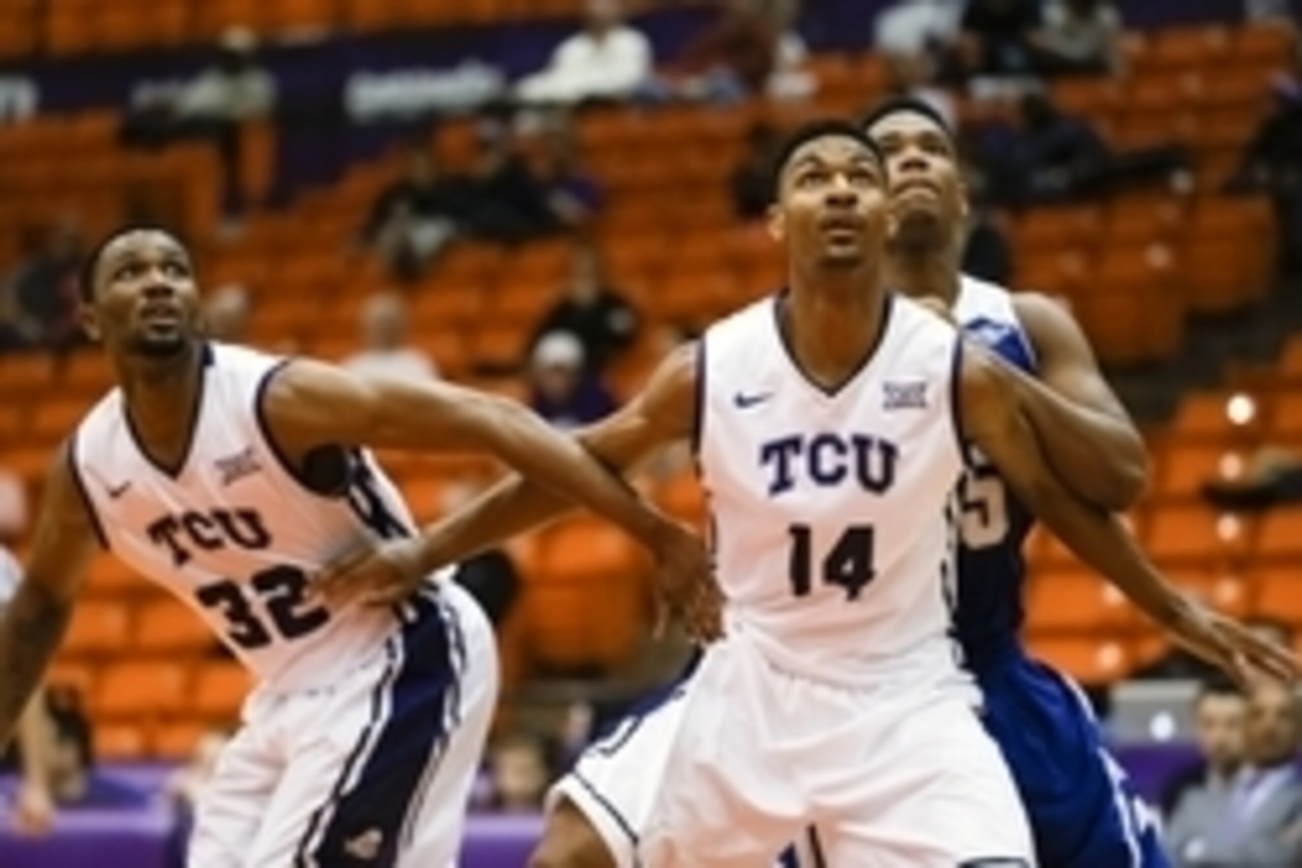Nov 20, 2014; Fort Worth, TX, USA; TCU Horned Frogs center Karviar Shepherd (14) blocks out during the first half against the New Orleans Privateers at Wilkerson-Greines Athletic Center. Mandatory Credit: Kevin Jairaj-USA TODAY Sports