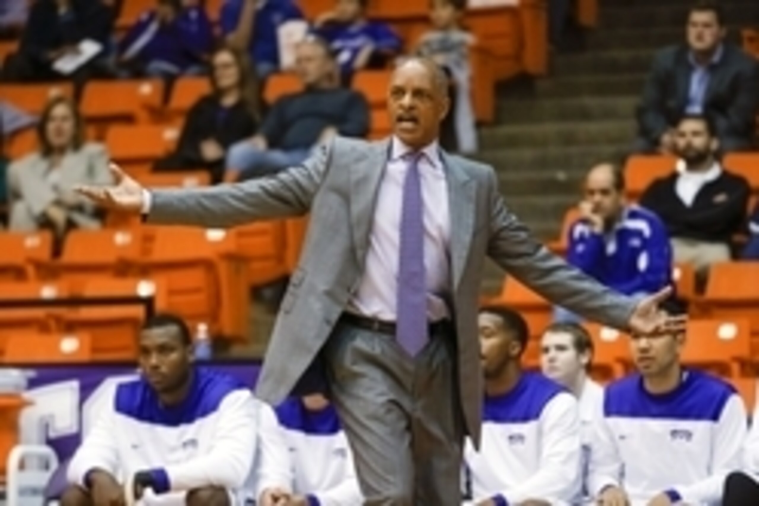 Nov 20, 2014; Fort Worth, TX, USA; TCU Horned Frogs head coach Trent Johnson reacts during the first half against the New Orleans Privateers at Wilkerson-Greines Athletic Center. Mandatory Credit: Kevin Jairaj-USA TODAY Sports