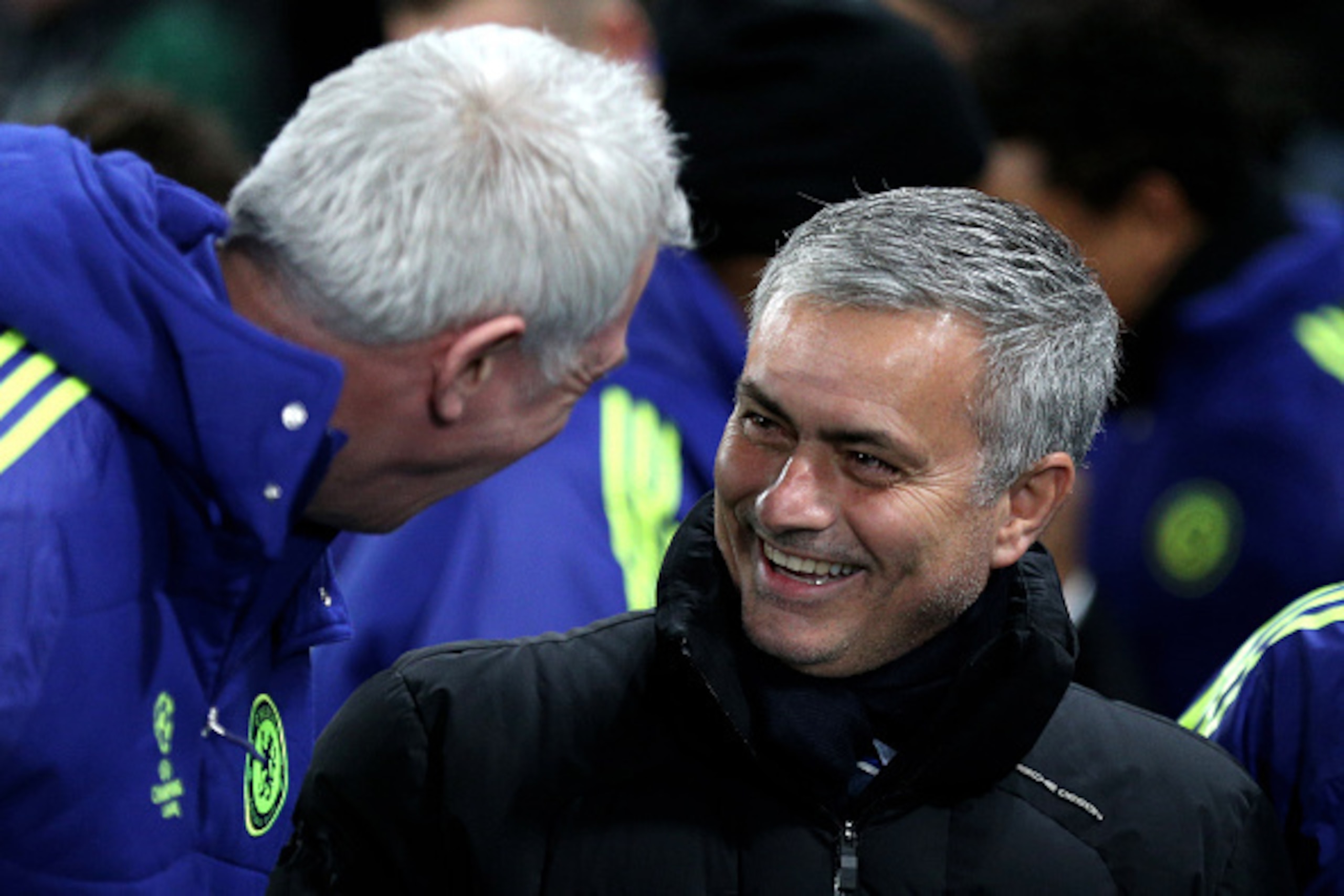 LONDON, ENGLAND - DECEMBER 10:  Jose Mourinho the manager of Chelsea shares a joke during the UEFA Champions League group G match between Chelsea and Sporting Clube de Portugal at Stamford Bridge on December 10, 2014 in London, United Kingdom.  (Photo by 