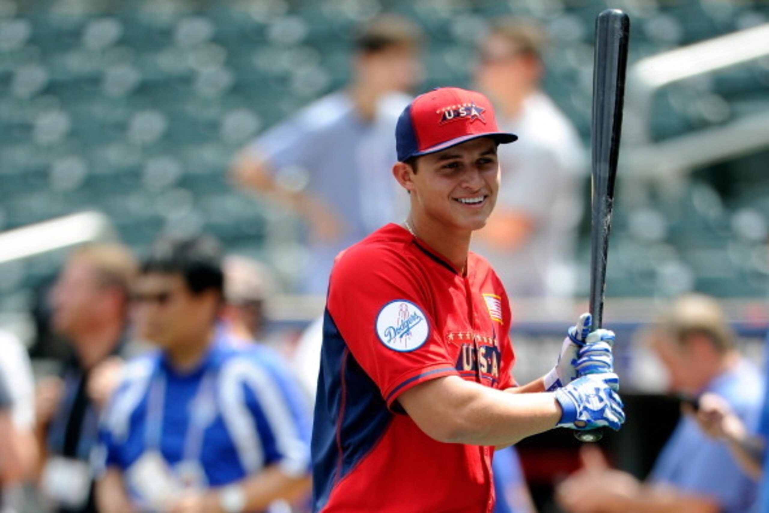 MINNEAPOLIS, MN - JULY 13:  Corey Seager of the U.S. Team looks on during batting practice prior to the SiriusXM All-Star Futures Game against the World Team at Target Field on July 13, 2014 in Minneapolis, Minnesota.  (Photo by Hannah Foslien/Getty Image