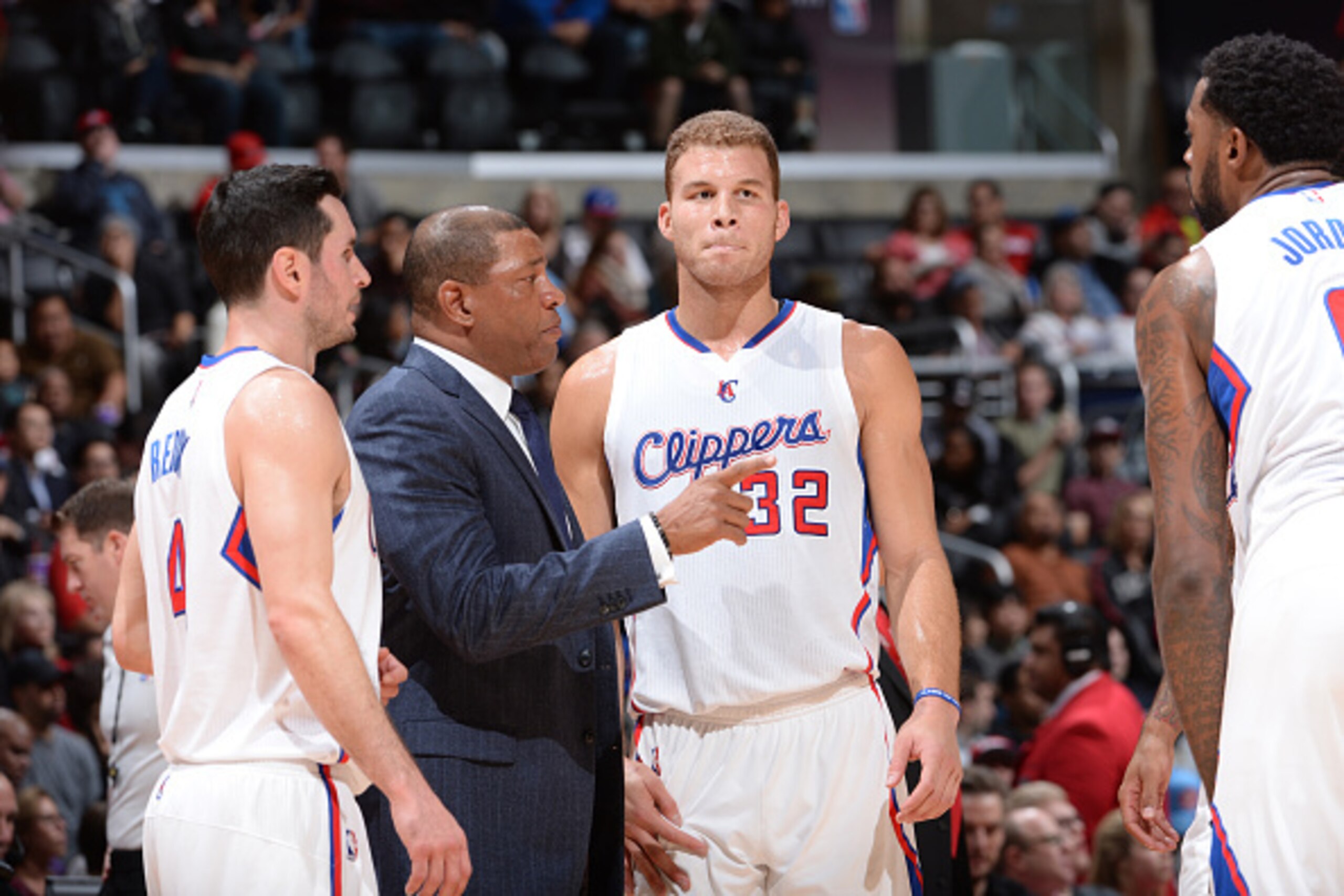 LOS ANGELES, CA - December 1: Doc Rivers of the Los Angeles Clippers talks to Blake Griffin #32 during the game against the Minnesota Timberwolves on December 1, 2014 at STAPLES CENTER in Los Angeles, California. NOTE TO USER: User expressly acknowledges 