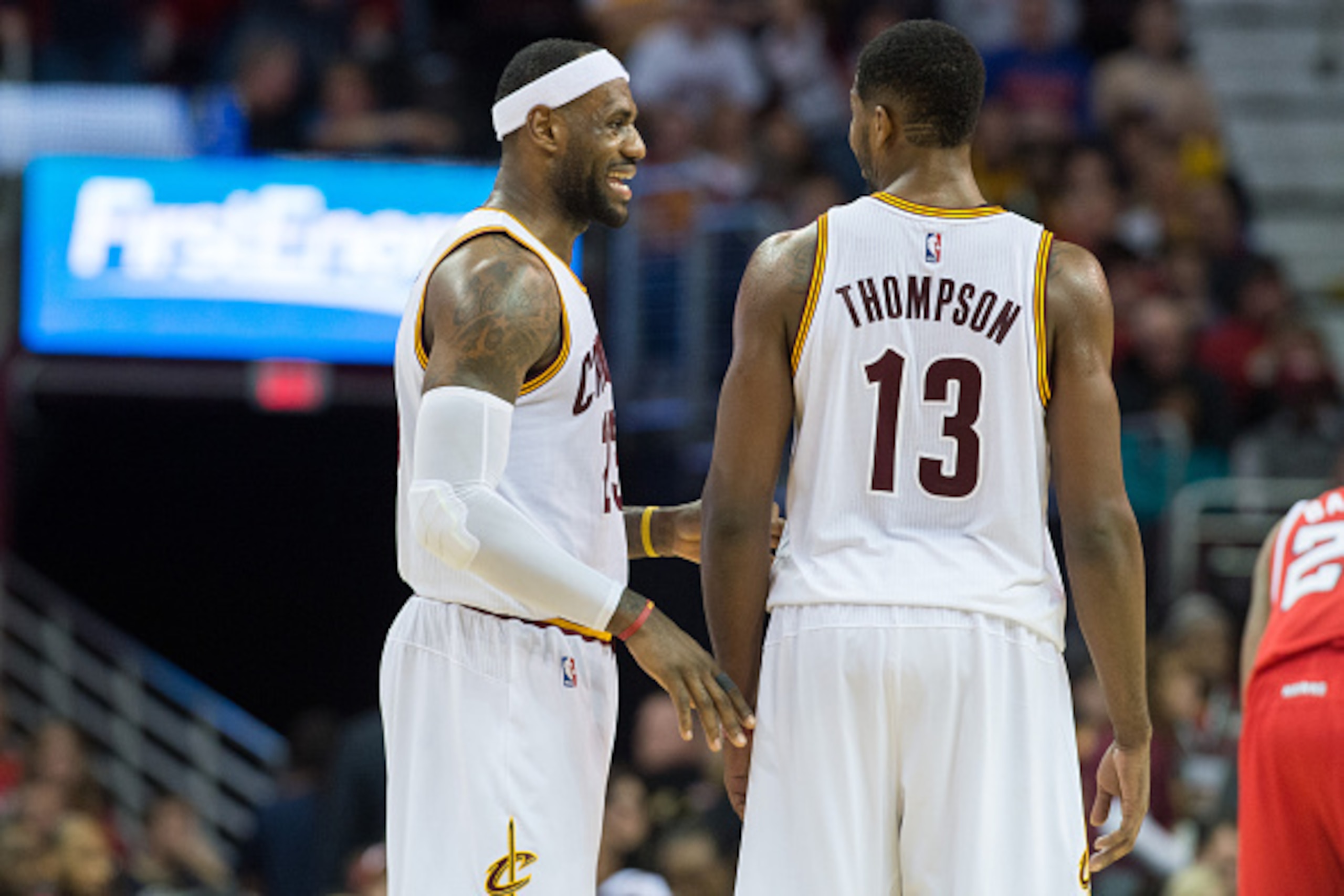 CLEVELAND, OH - NOVEMBER 15: LeBron James #23 talks with Tristan Thompson #13 of the Cleveland Cavaliers during the second half against the Atlanta Hawks at Quicken Loans Arena on November 15, 2014 in Cleveland, Ohio. The Cavaliers defeated the Hawks 127-