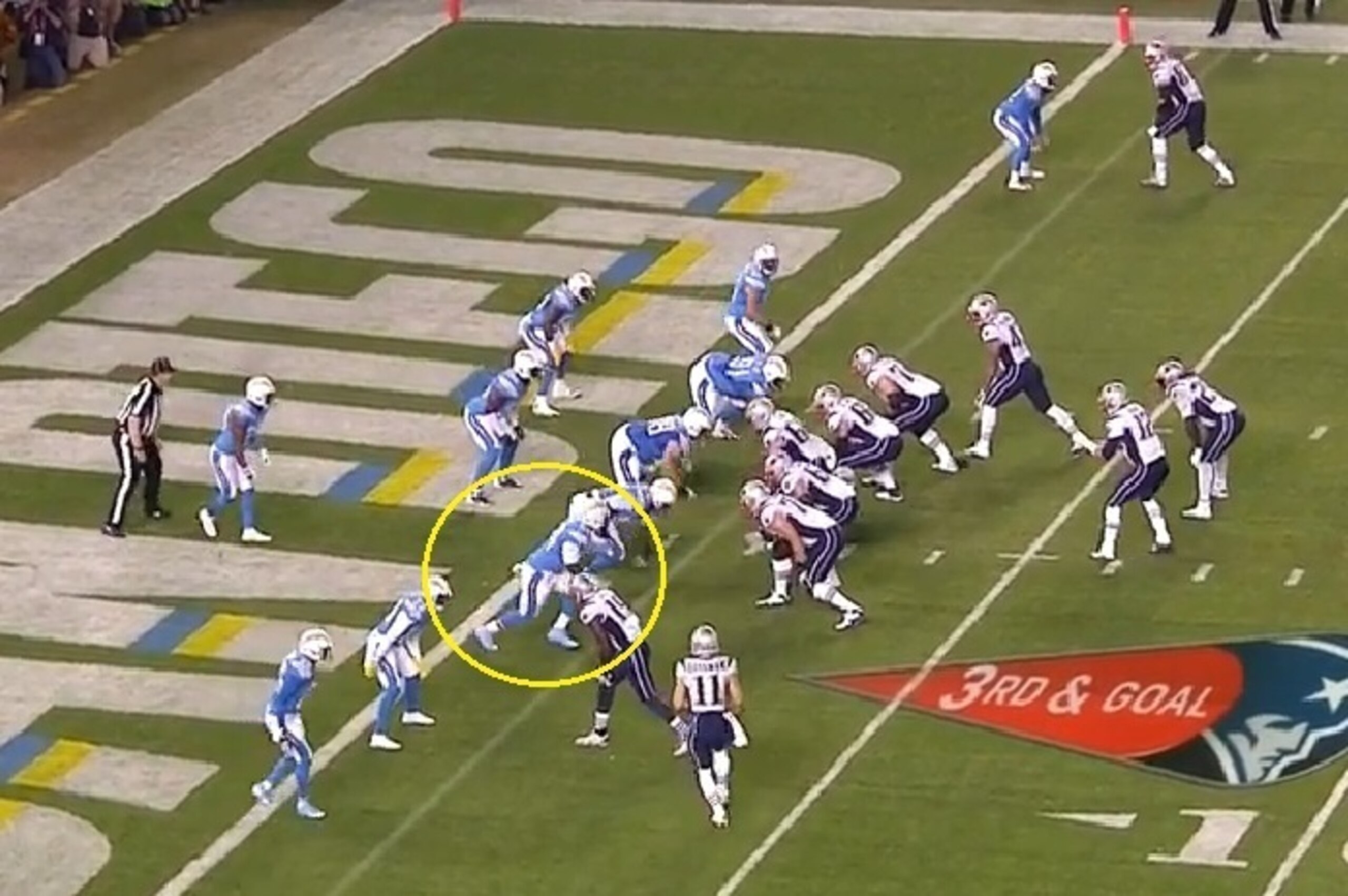 Melvin Ingram lines up versus Nate Solder on a crucial 3rd-and-goal play.