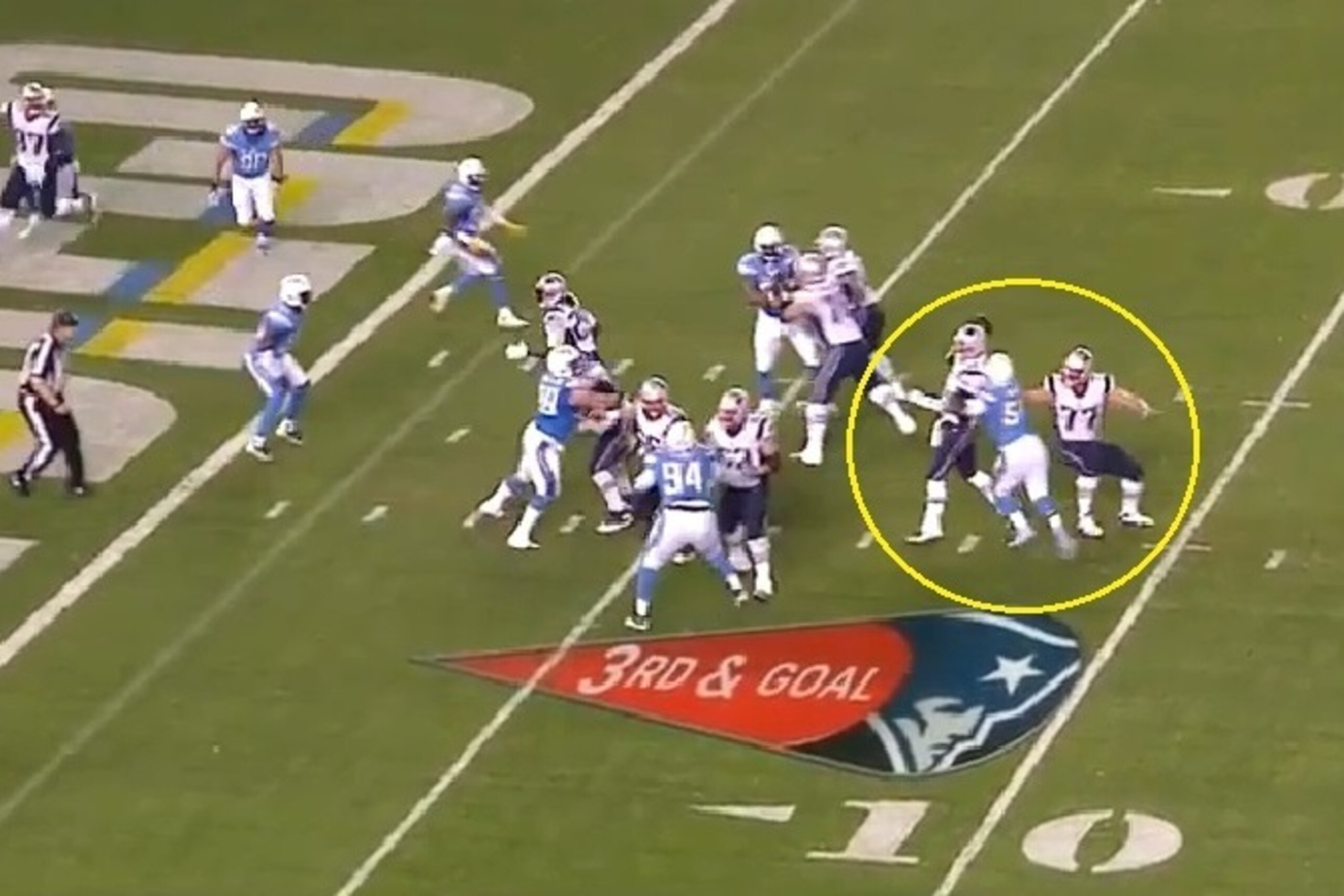The Chargers' pass coverage holds up as Ingram sacks Brady and makes Solder look silly.