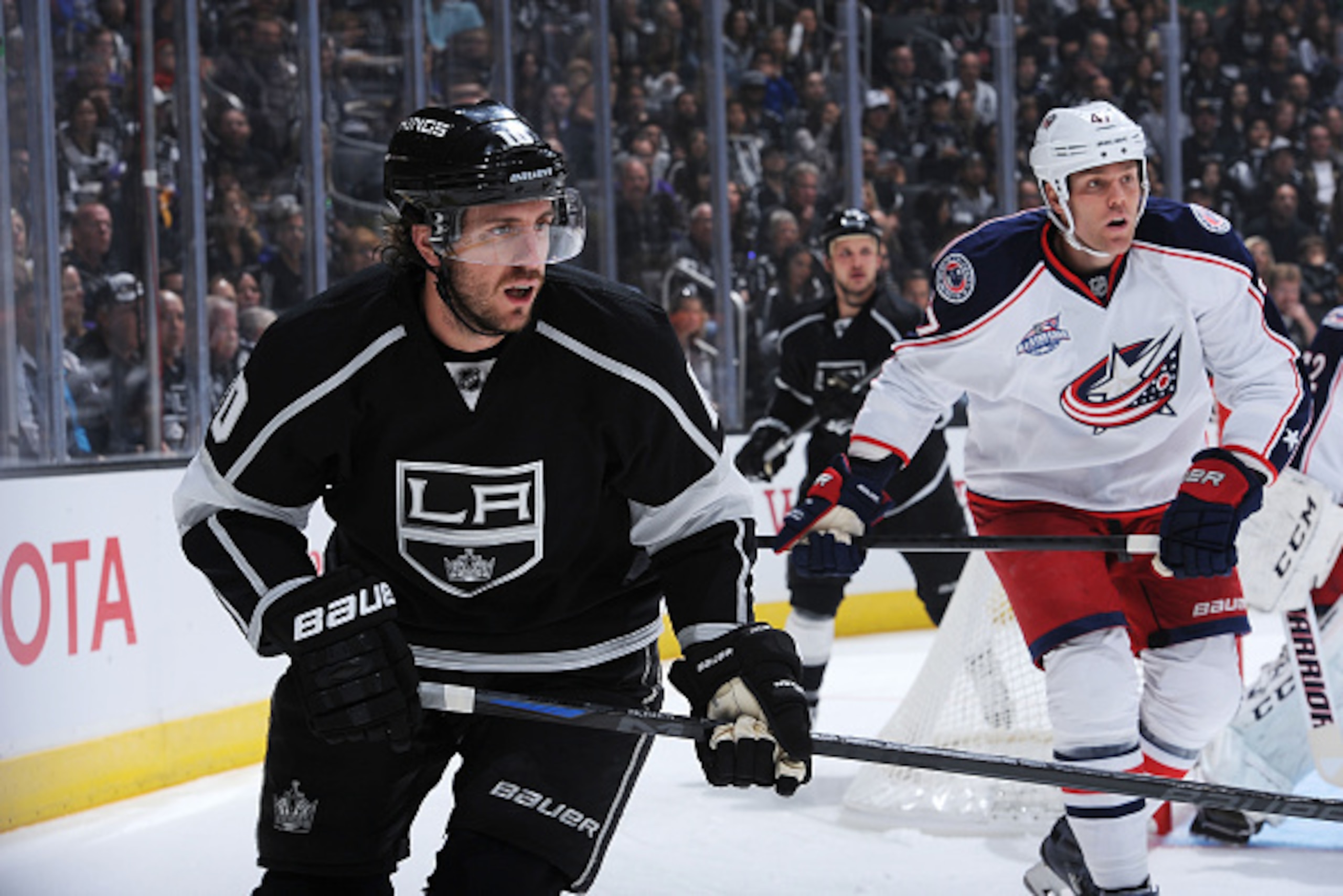 LOS ANGELES, CA - OCTOBER 26: Mike Richards #10 of the Los Angeles Kings and Dalton Prout #47 of the Columbus Blue Jackets in action during a game between the Los Angeles Kings and the Columbus Blue Jackets at STAPLES Center on October 26, 2014 in Los Ang LOS ANGELES, CA - OCTOBER 26: Mike Richards #10 of the Los Angeles Kings and Dalton Prout #47 of the Columbus Blue Jackets in action during a game between the Los Angeles Kings and the Columbus Blue Jackets at STAPLES Center on October 26, 2014 in Los Ang