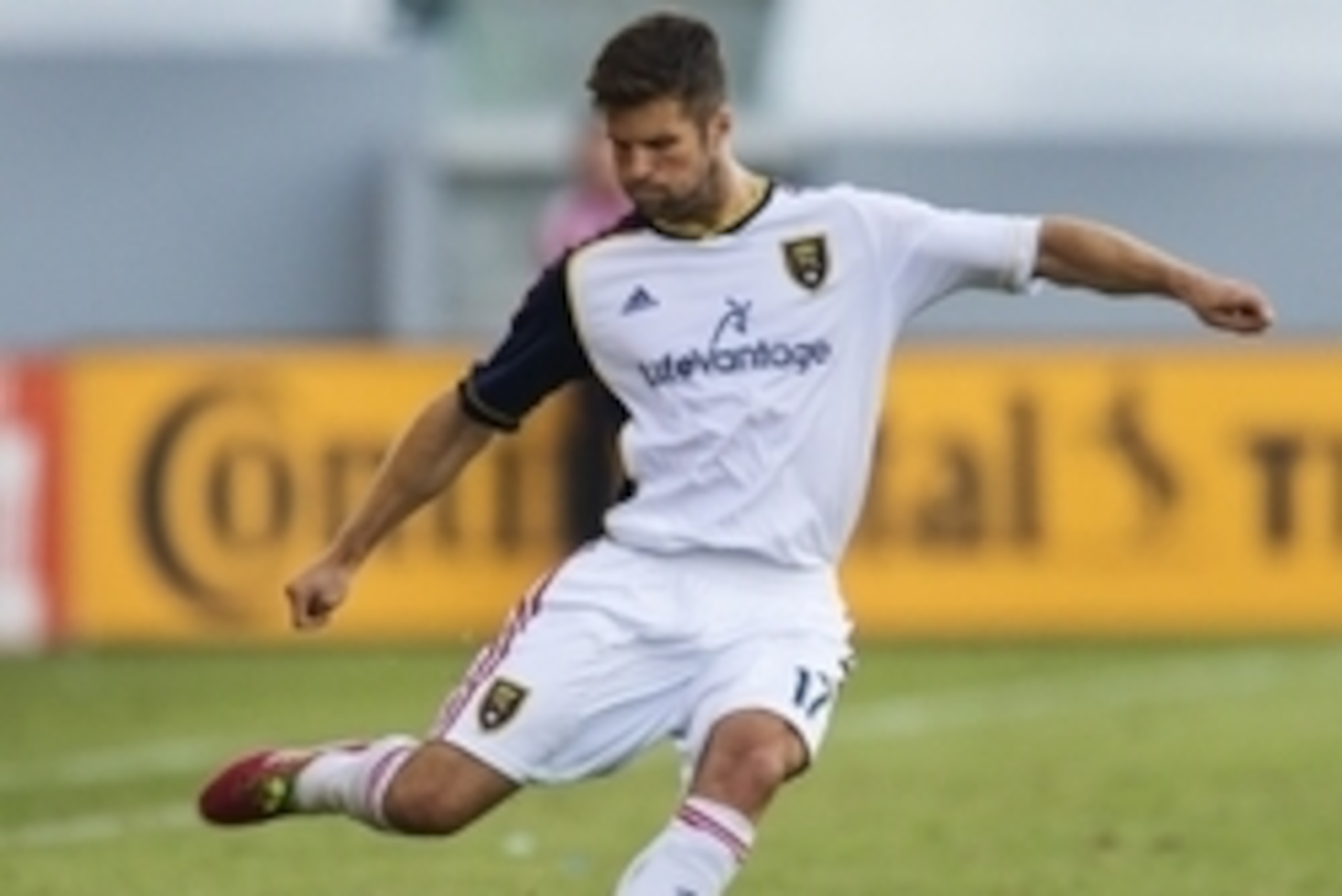 Oct 5, 2014; Carson, CA, USA; Real Salt Lake defender Chris Wingert (17) passes the ball during the second half against Chivas USA at StubHub Center. Mandatory Credit: Robert Hanashiro-USA TODAY Sports