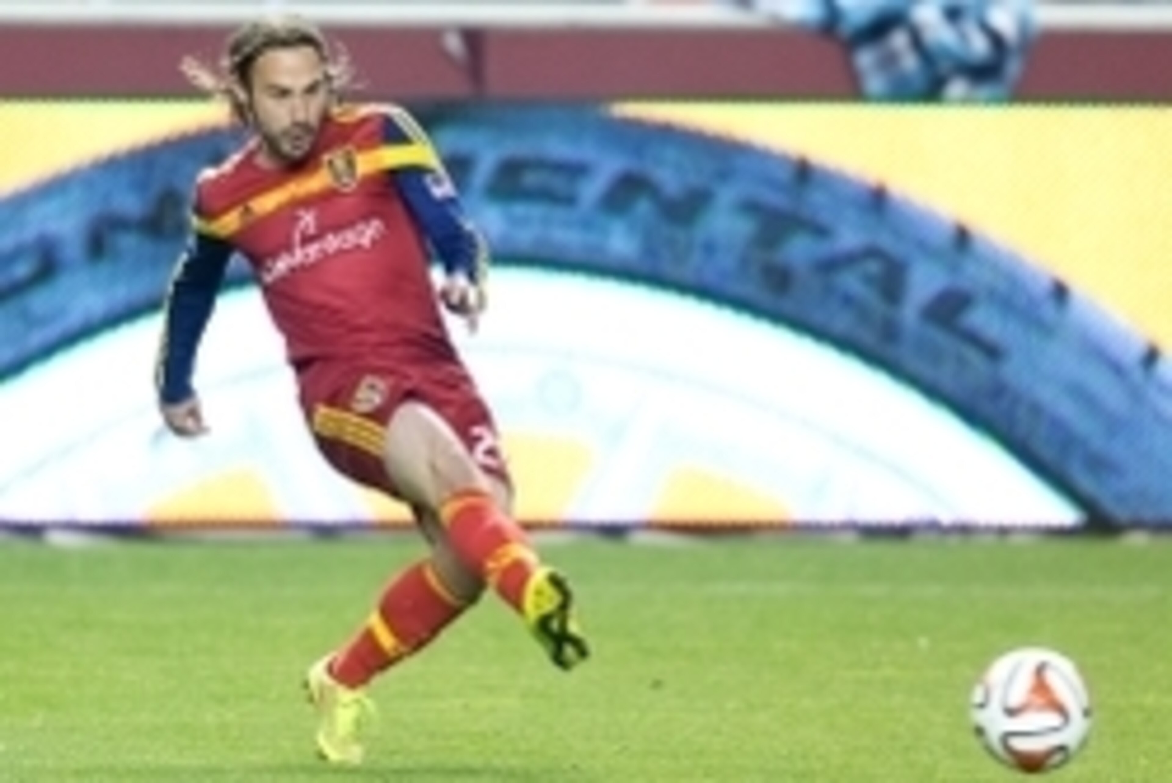 Oct 22, 2014; Sandy, UT, USA; Real Salt Lake midfielder Ned Grabavoy (20) passes the ball during the second half against Chivas USA at Rio Tinto Stadium. Real Salt Lake won 2-0. Mandatory Credit: Russ Isabella-USA TODAY Sports
