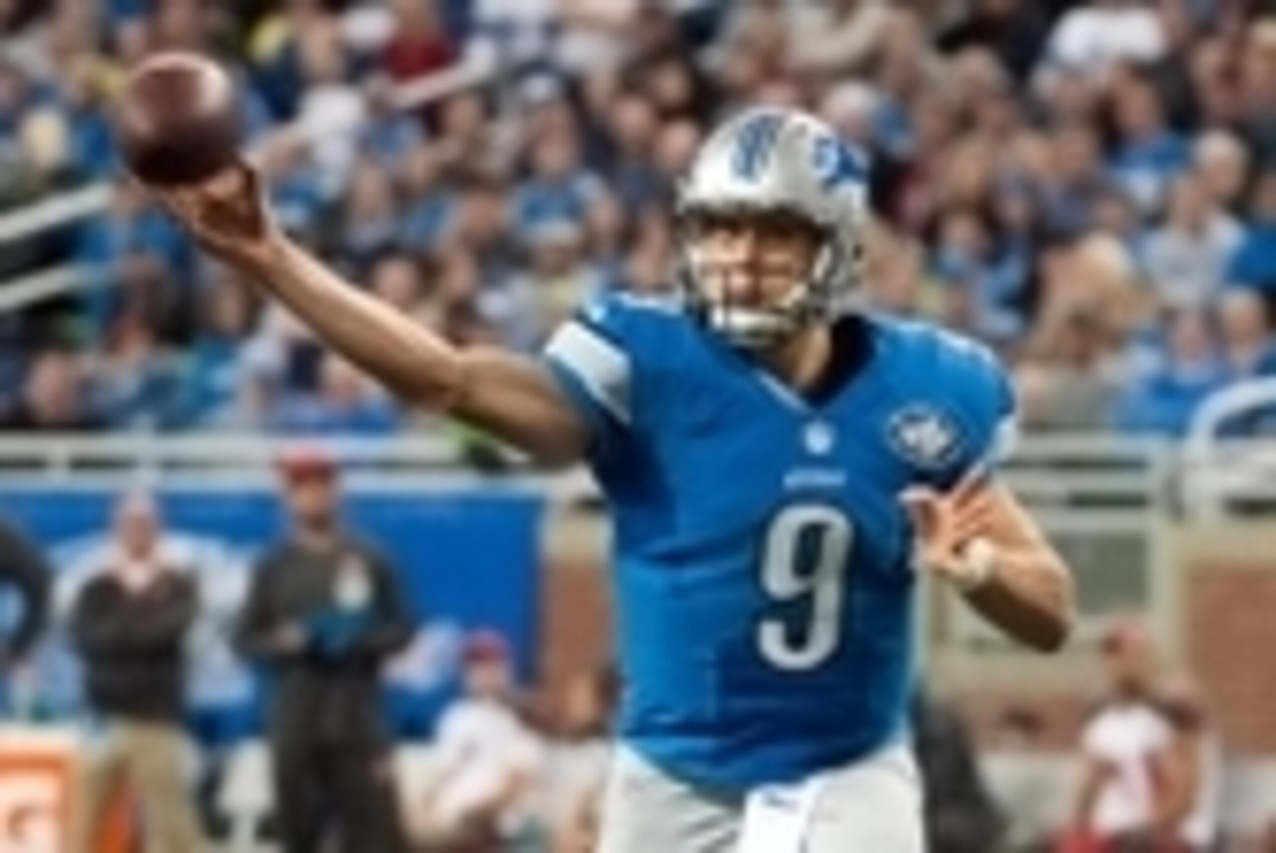 Dec 7, 2014; Detroit, MI, USA; Detroit Lions quarterback Matthew Stafford (9) drops back to pass during the third quarter against the Tampa Bay Buccaneers at Ford Field. Mandatory Credit: Tim Fuller-USA TODAY Sports