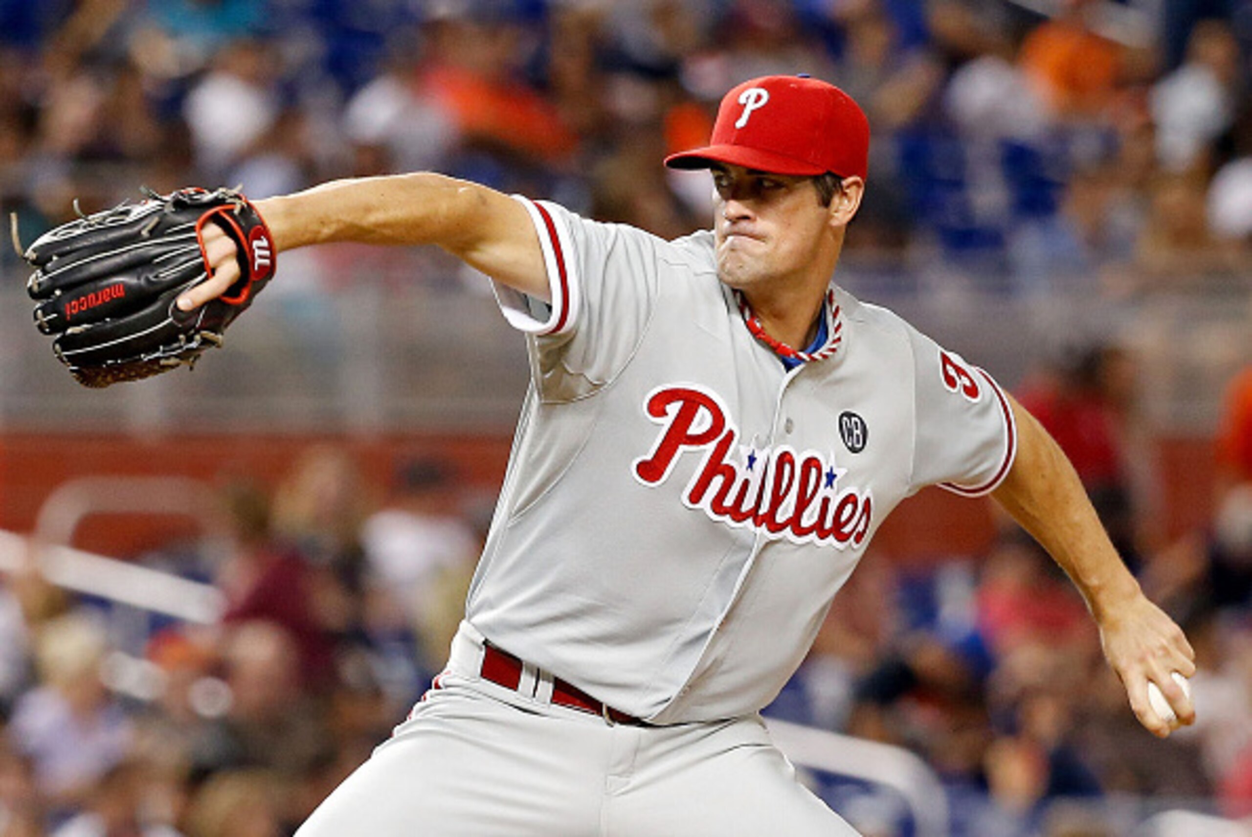 MIAMI, FL - SEPTEMBER 23:  Cole Hamels #35 of the Philadelphia Phillies pitches during the third inning of the game against the Miami Marlins at Marlins Park on September 23, 2014 in Miami, Florida.  (Photo by Rob Foldy/Getty Images)